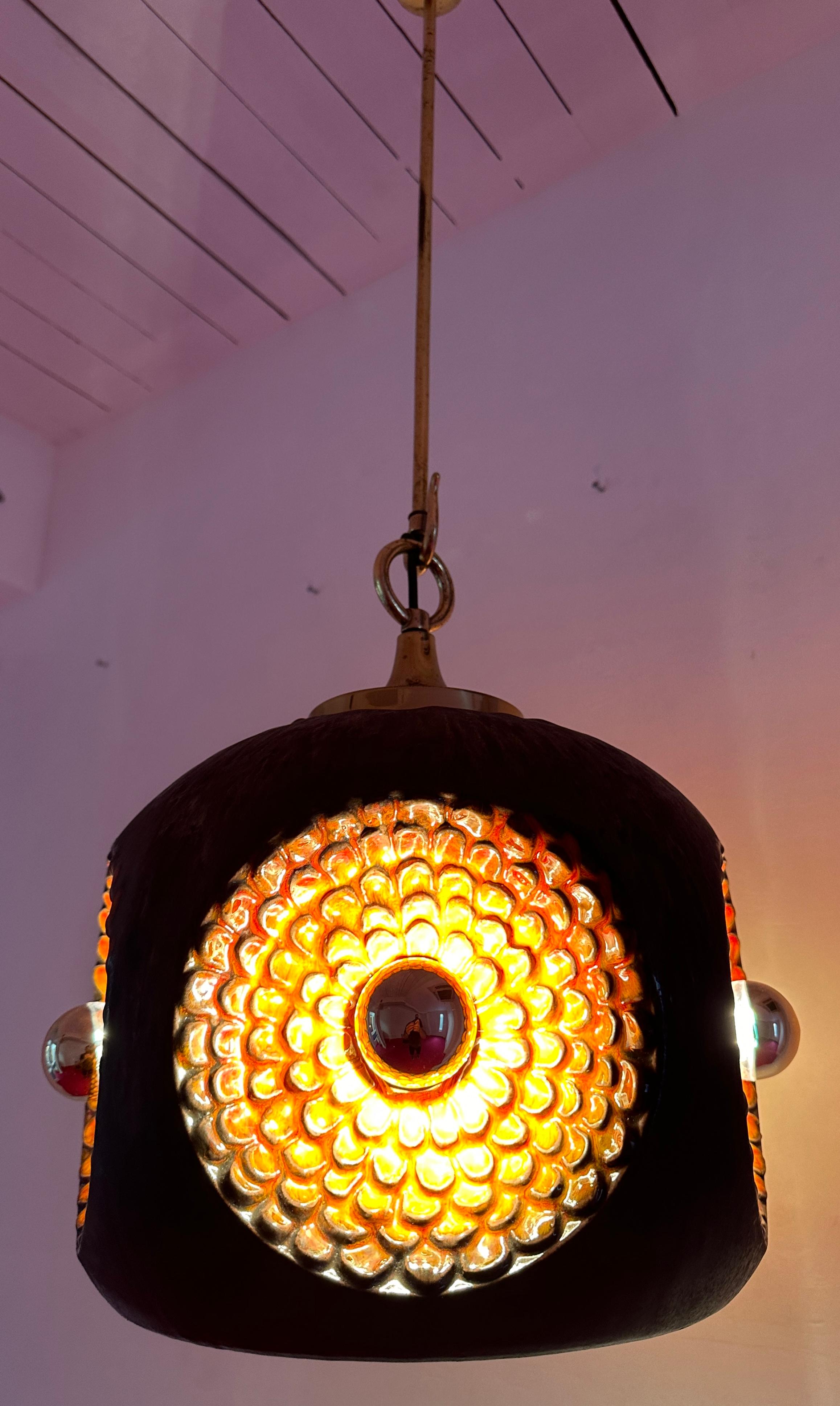 1970s German Glazed Ceramic Iridescent Orange & Brown Pendant Hanging Light In Good Condition For Sale In London, GB