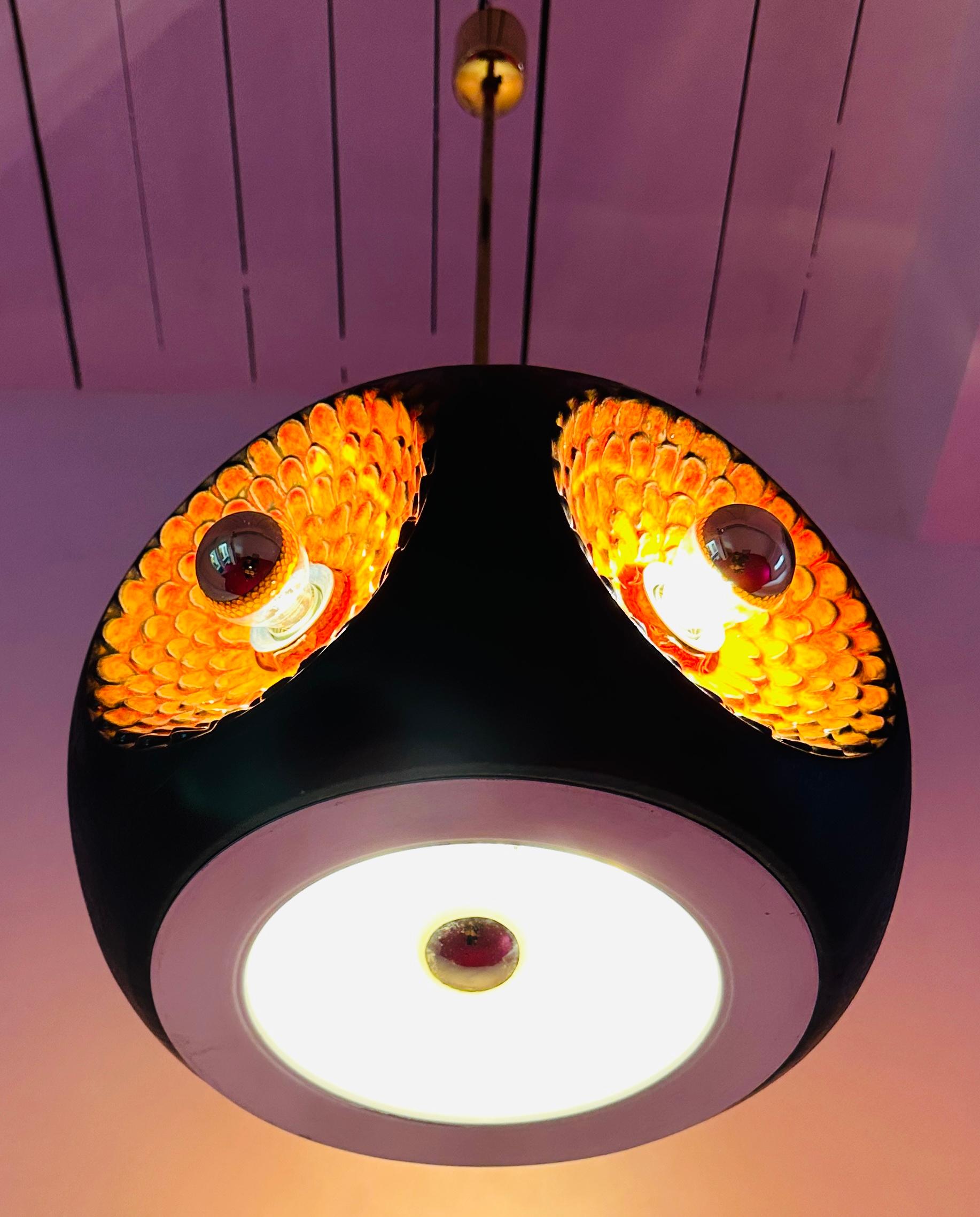 20th Century 1970s German Glazed Ceramic Iridescent Orange & Brown Pendant Hanging Light For Sale