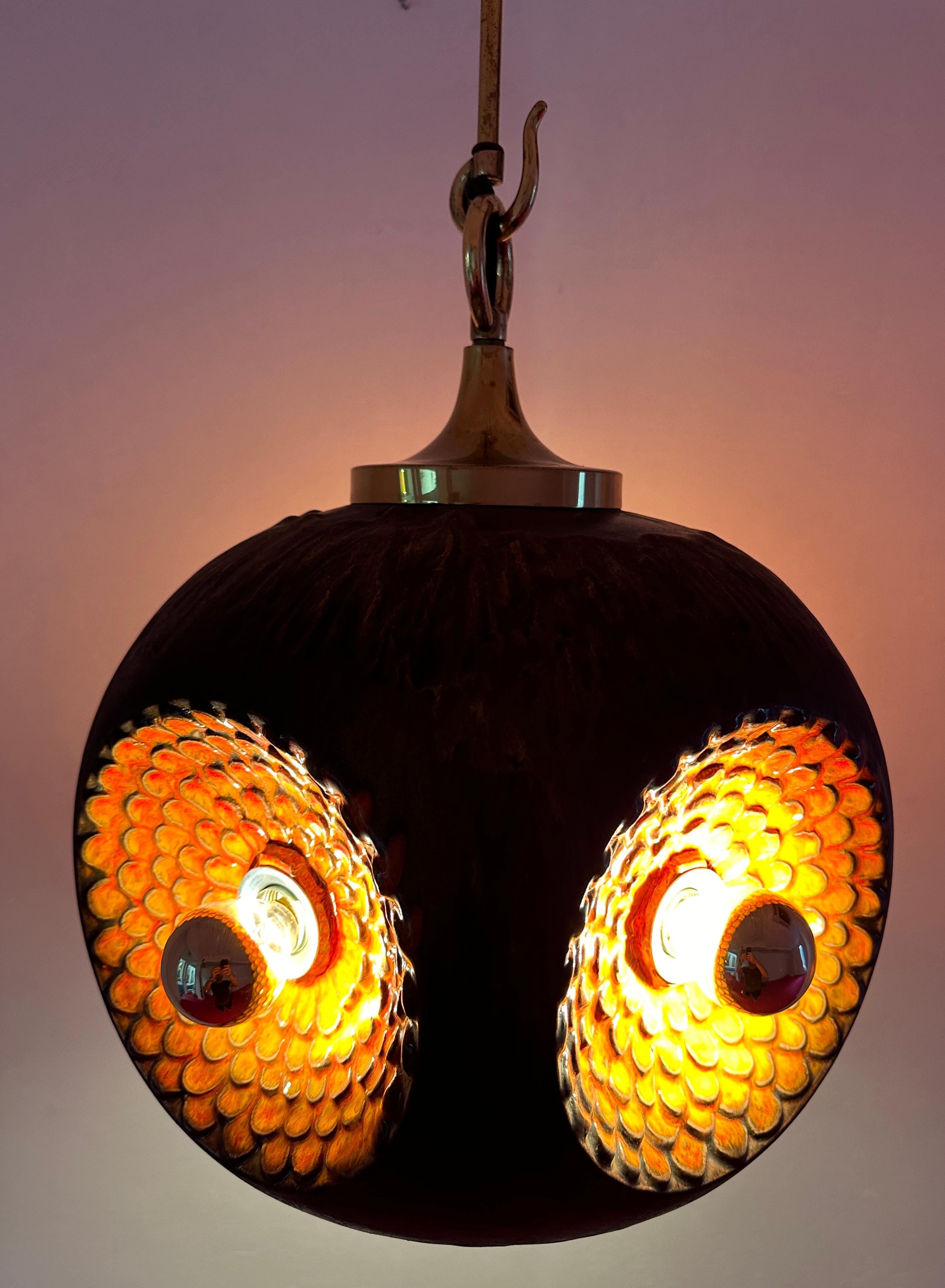 1970s German Glazed Ceramic Iridescent Orange & Brown Pendant Hanging Light For Sale 1