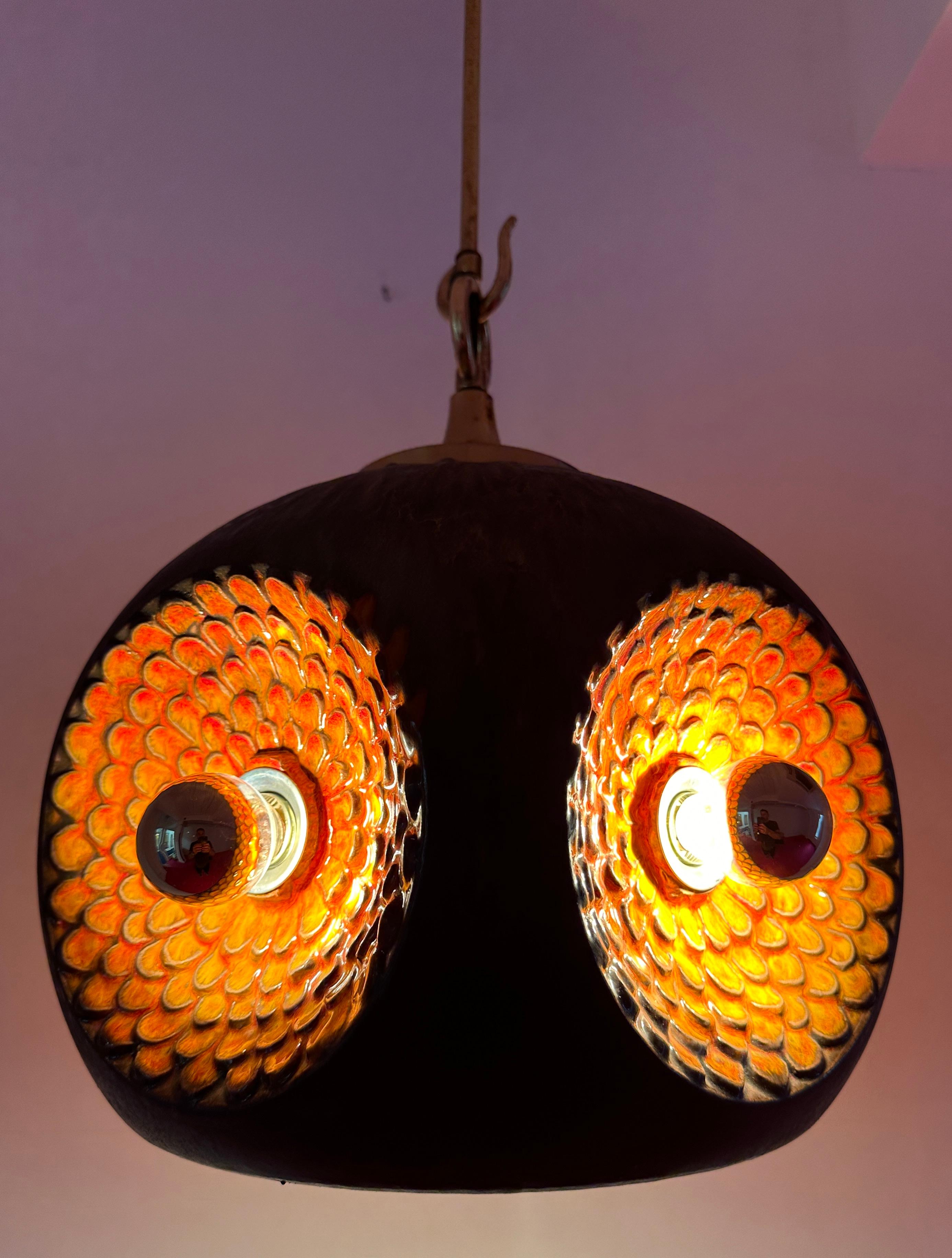 1970s German Glazed Ceramic Iridescent Orange & Brown Pendant Hanging Light For Sale 2