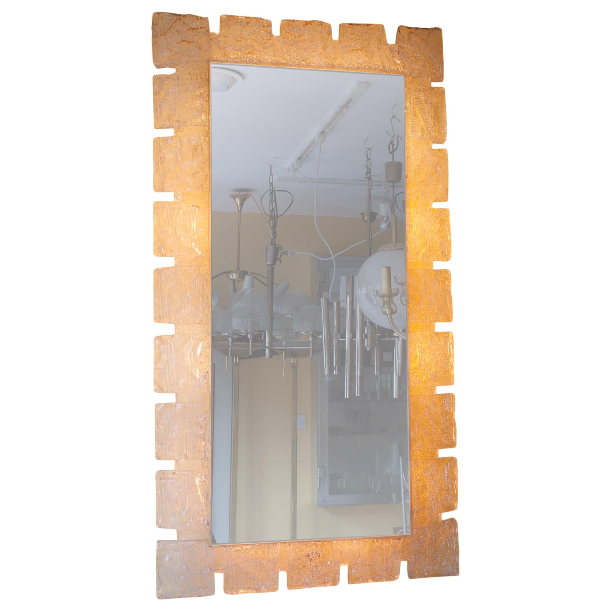 1970s German Hillebrand Backlit Wall Mirror with Acrylic Frosted Iced Surround