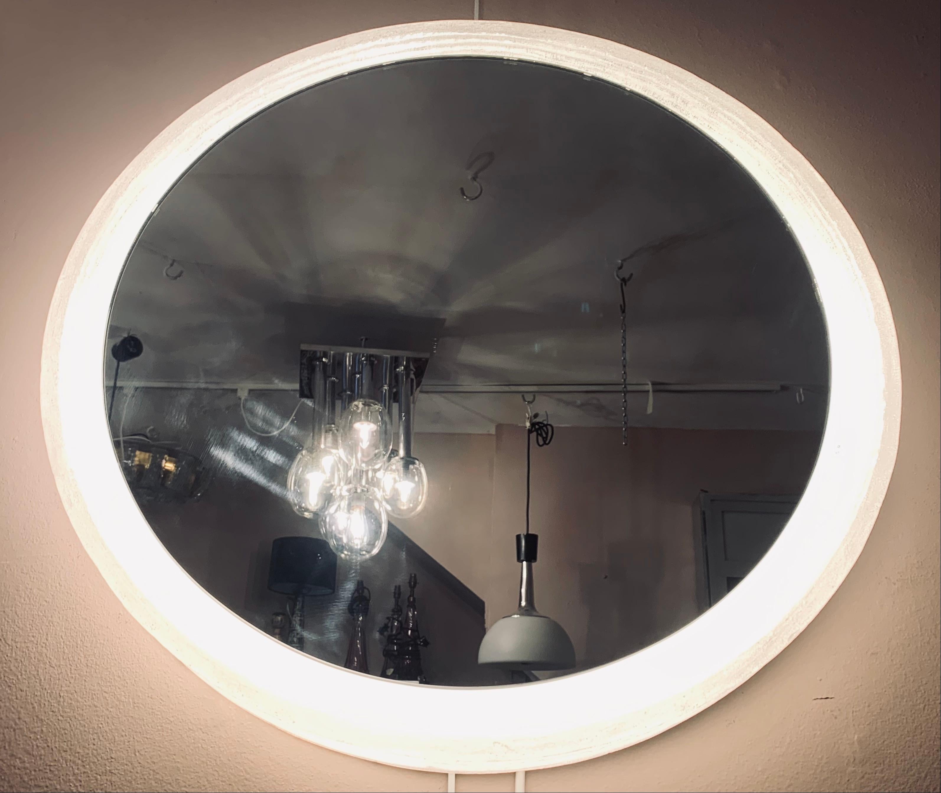 Mid-Century Modern 1970s German Hillebrand Round Illuminated Backlit Lucite Circular Wall Mirror