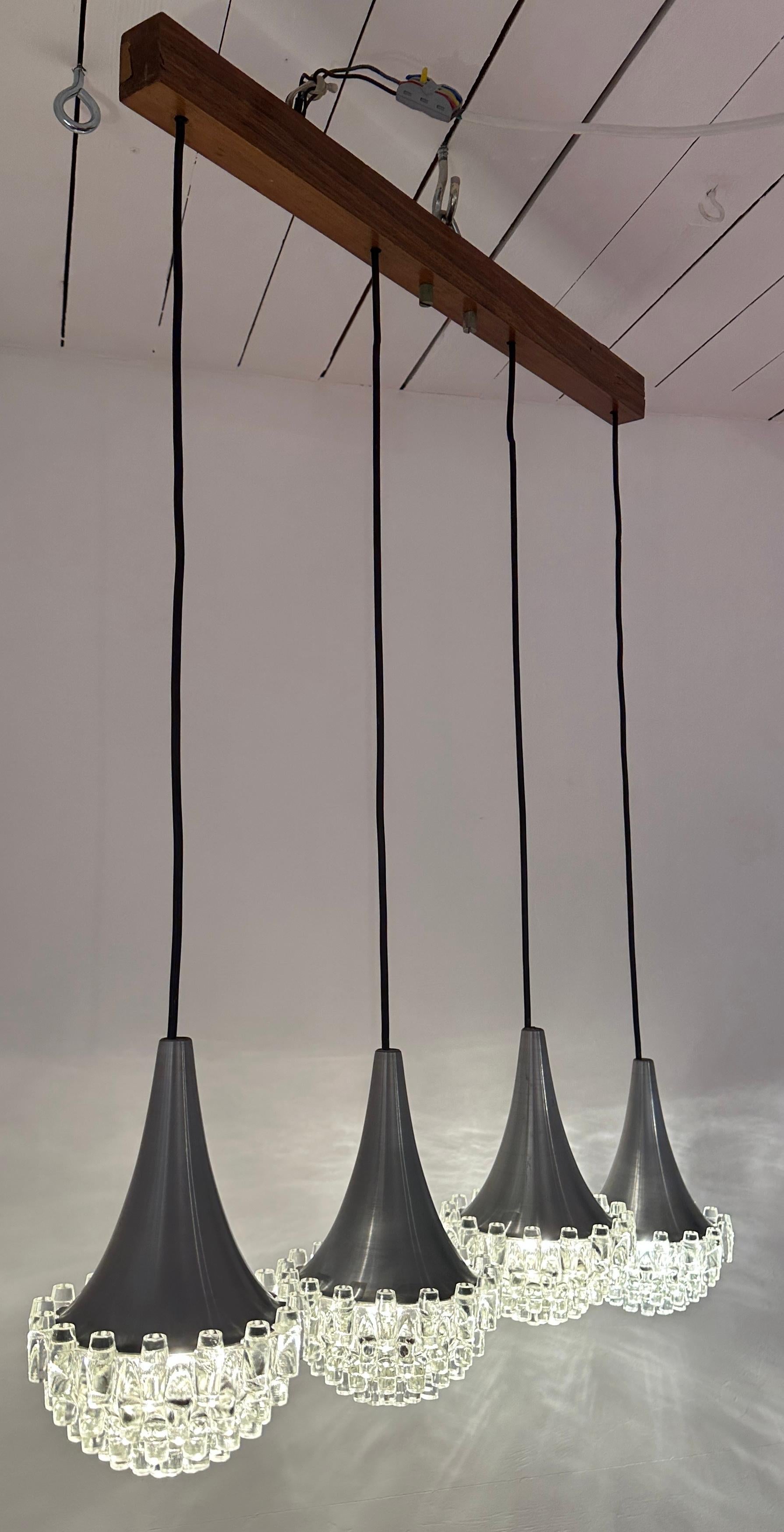 Allemand 1970s German Hustadt Leuchten Four Glass Torch & Brushed Chrome Ceiling Light en vente