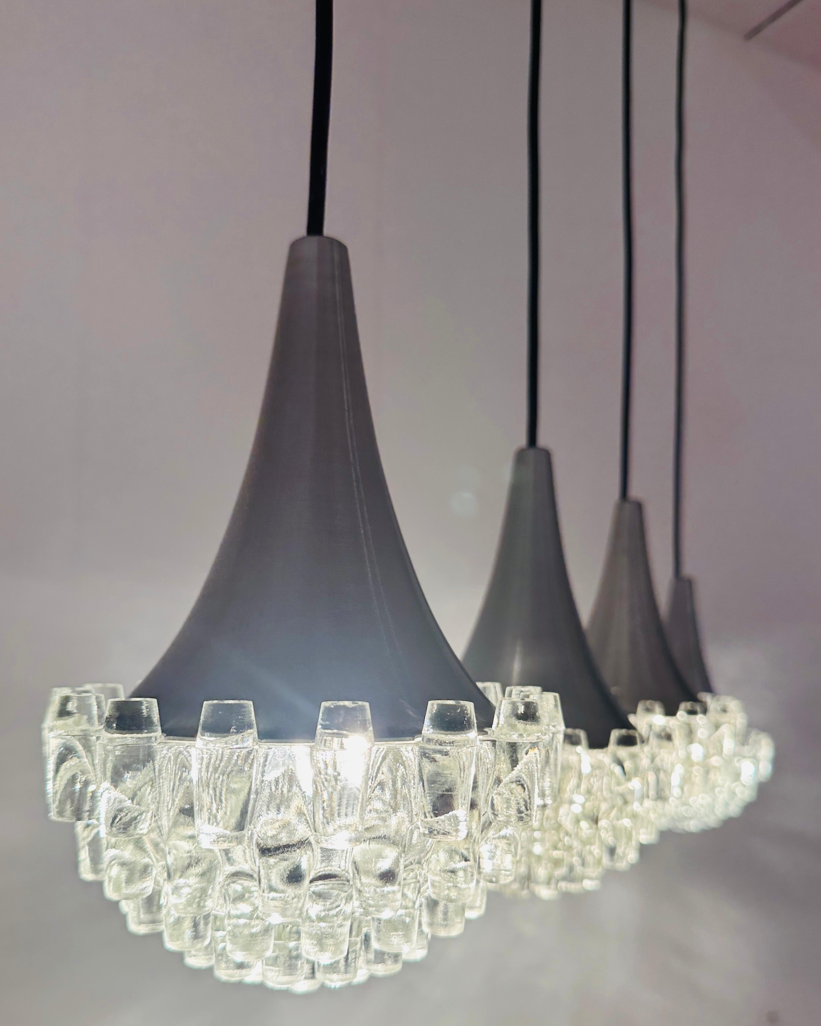 Brossé 1970s German Hustadt Leuchten Four Glass Torch & Brushed Chrome Ceiling Light en vente