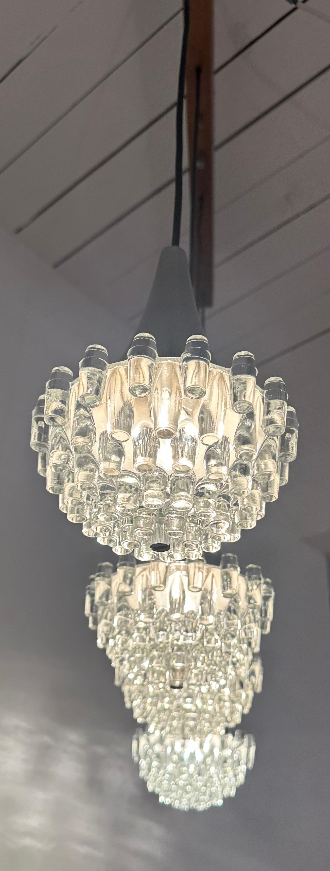 1970s German Hustadt Leuchten Four Glass Torch & Brushed Chrome Ceiling Light Bon état - En vente à London, England