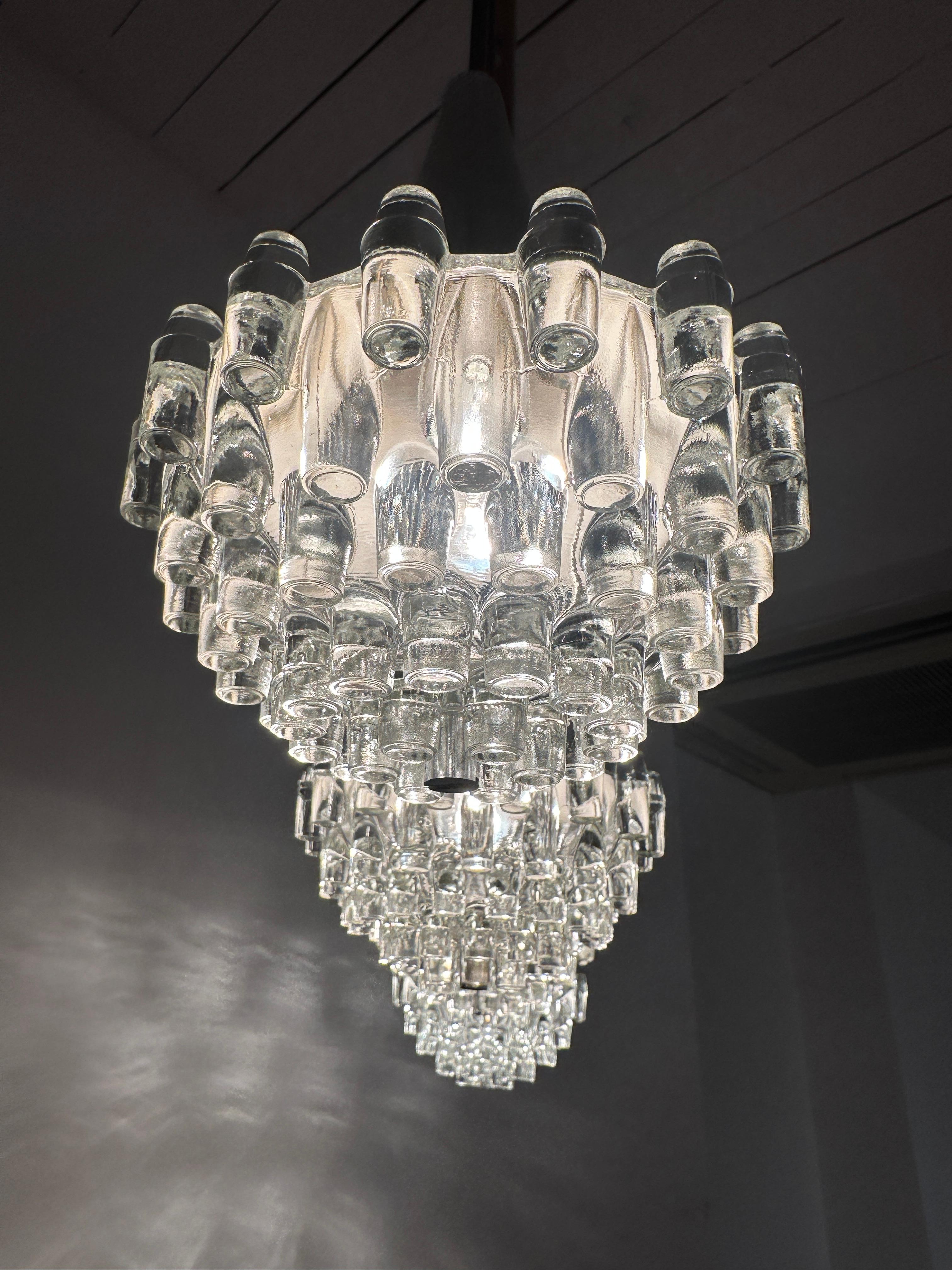 Verre 1970s German Hustadt Leuchten Four Glass Torch & Brushed Chrome Ceiling Light en vente