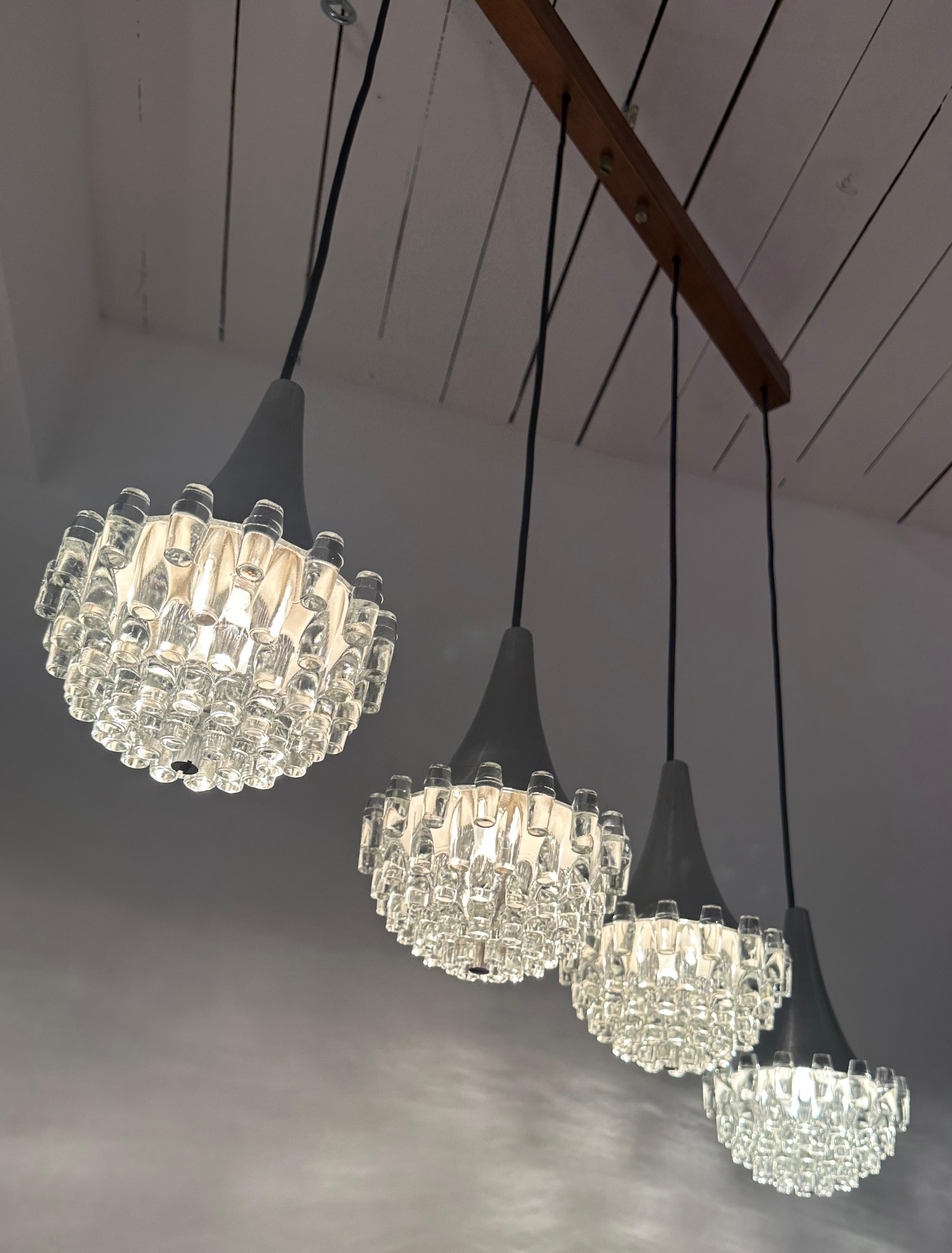 1970s German Hustadt Leuchten Four Glass Torch & Brushed Chrome Ceiling Light en vente 1