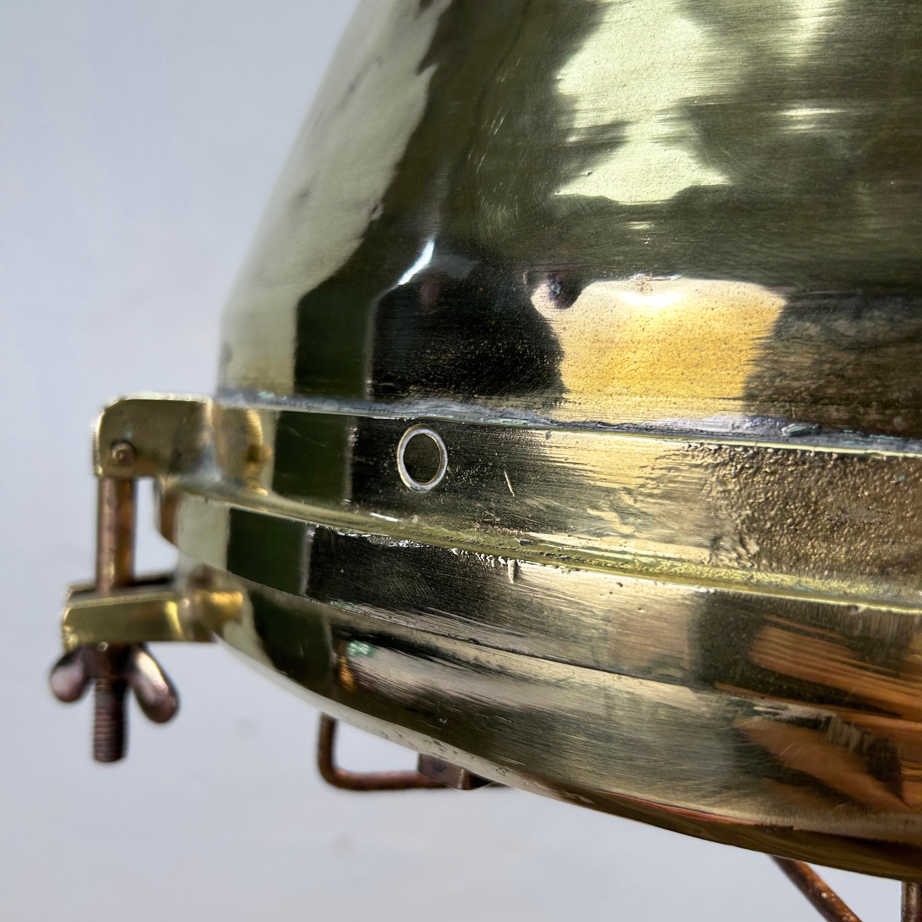 1970'S German Industrial Brass Conical Pendant Light with Cage & Glass Lens For Sale 6