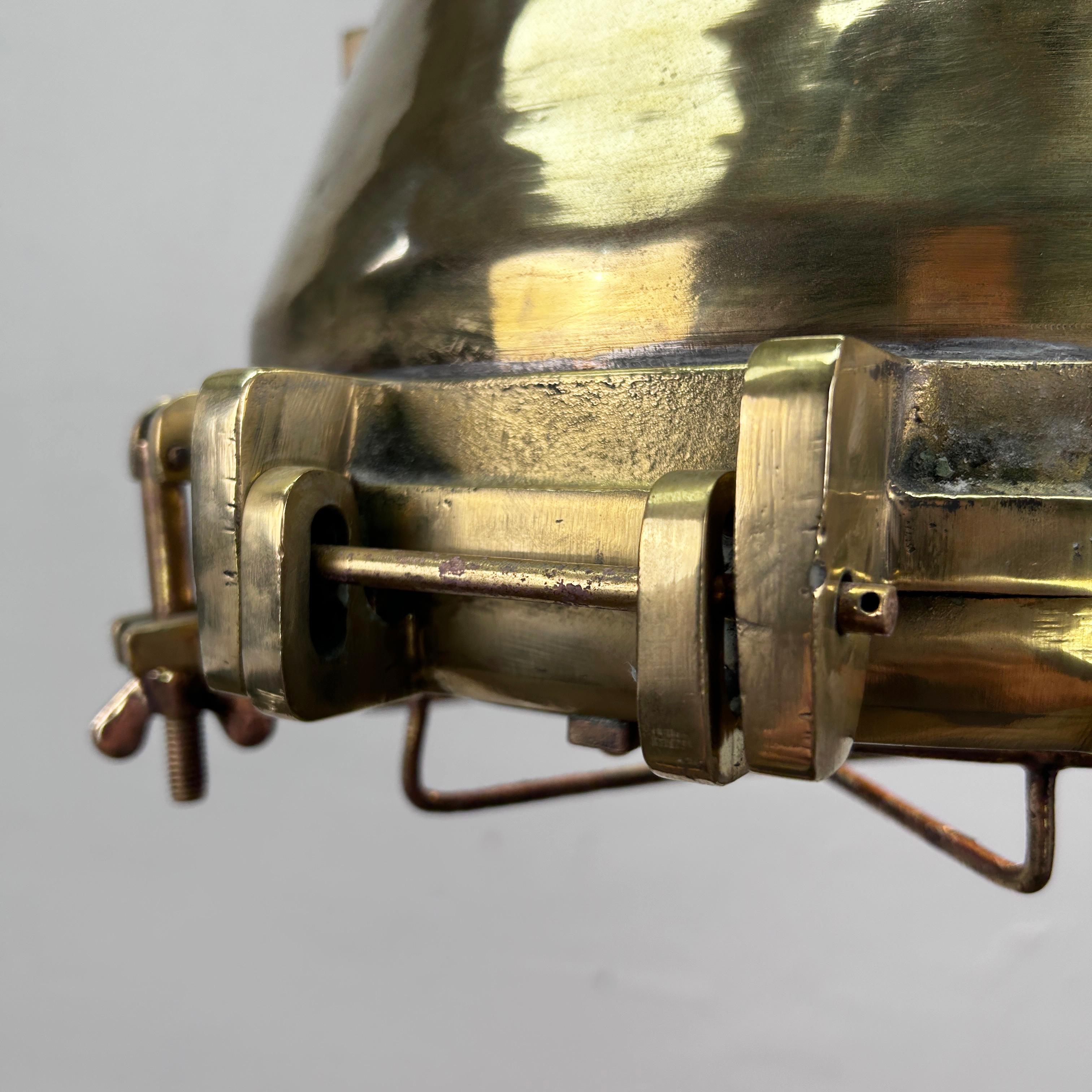 1970'S German Industrial Brass Conical Pendant Light with Cage & Glass Lens For Sale 7