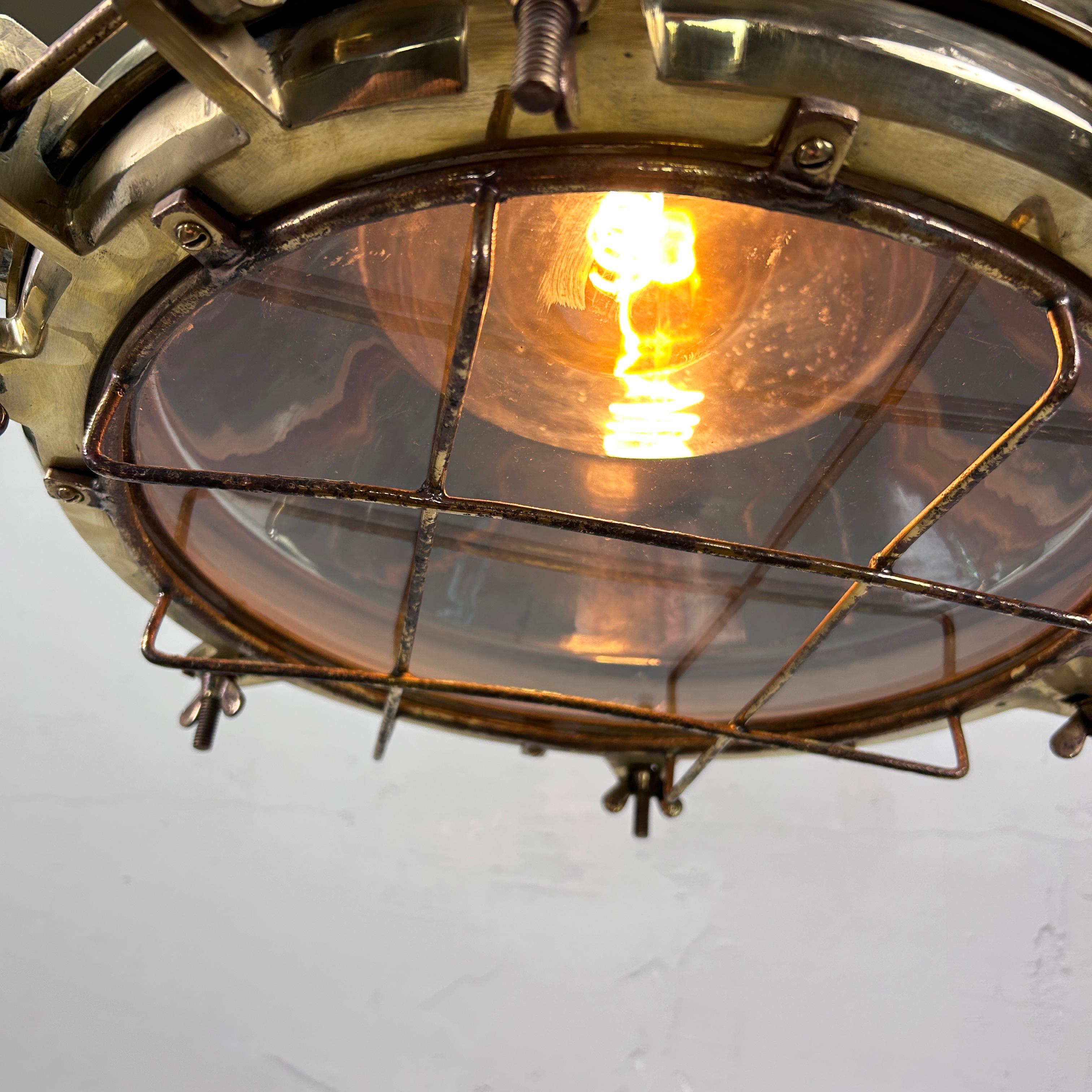1970'S German Industrial Brass Conical Pendant Light with Cage & Glass Lens For Sale 8