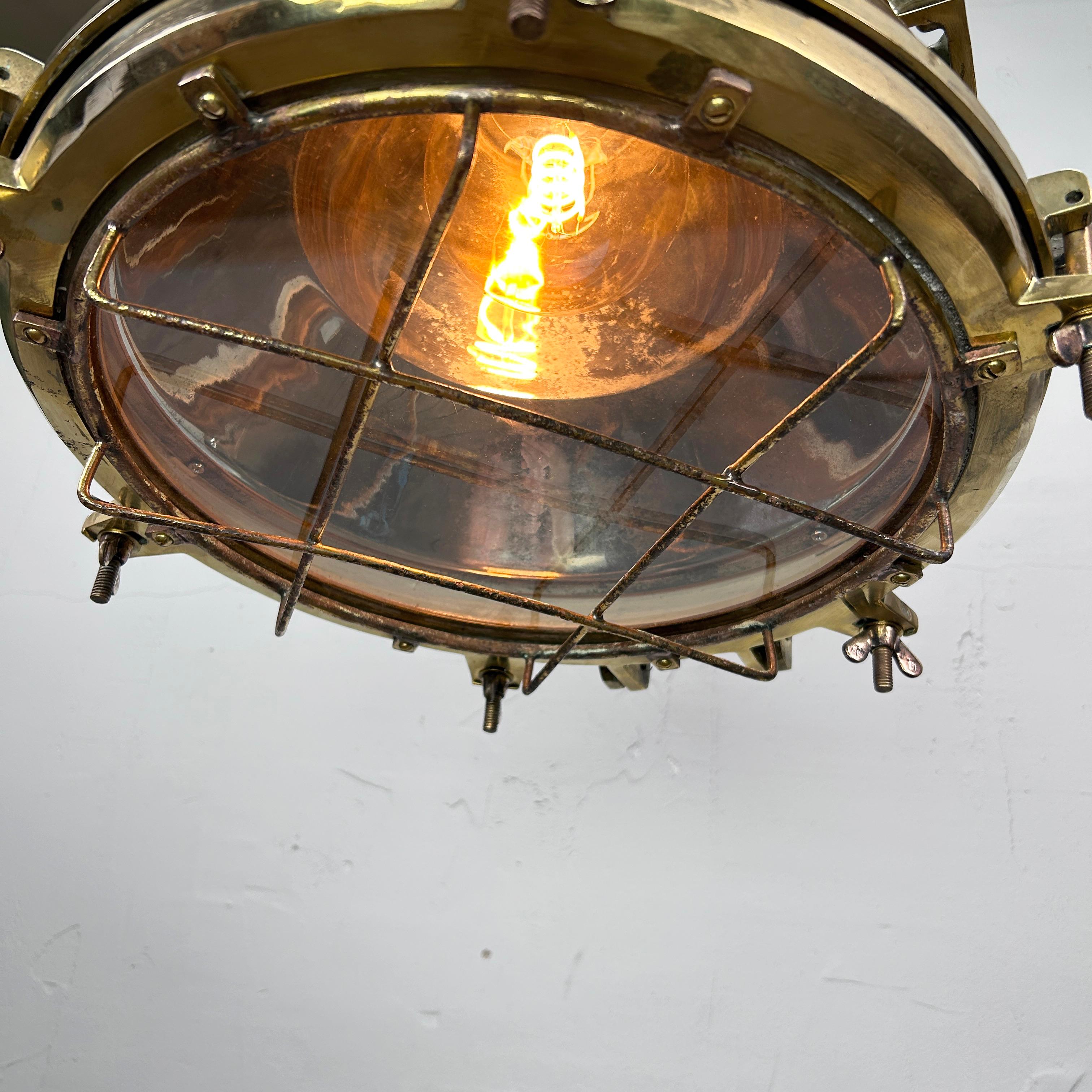1970'S German Industrial Brass Conical Pendant Light with Cage & Glass Lens For Sale 9