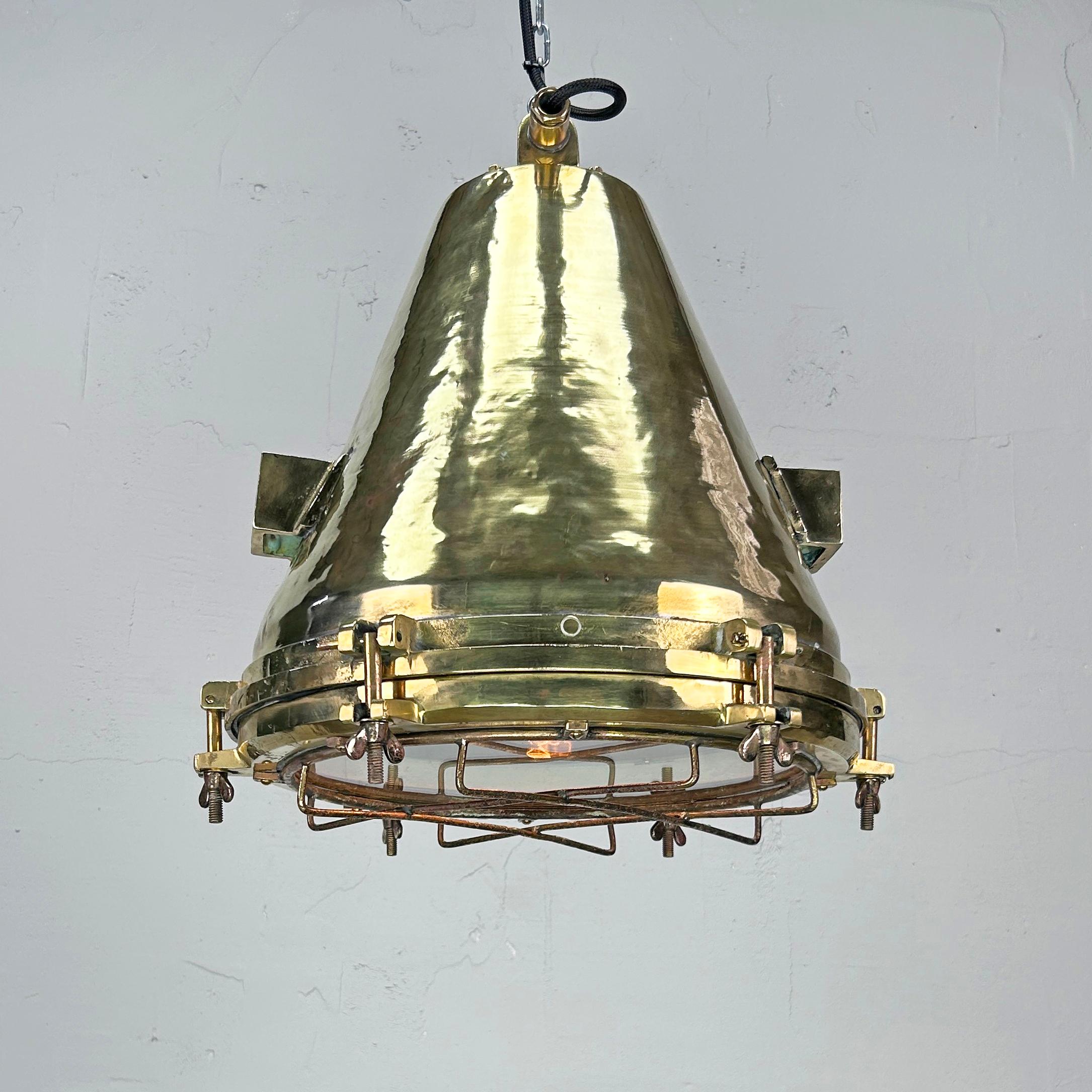 1970'S German Industrial Brass Conical Pendant Light with Cage & Glass Lens For Sale 11