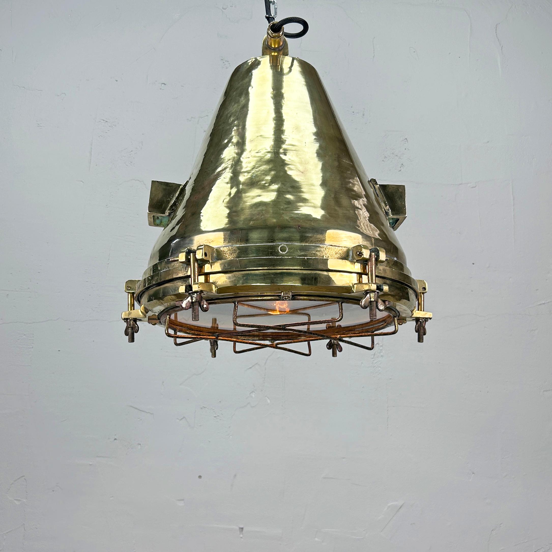 1970'S German Industrial Brass Conical Pendant Light with Cage & Glass Lens For Sale 12