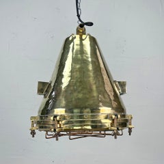 1970'S German Industrial Brass Conical Pendant Light with Cage & Glass Lens