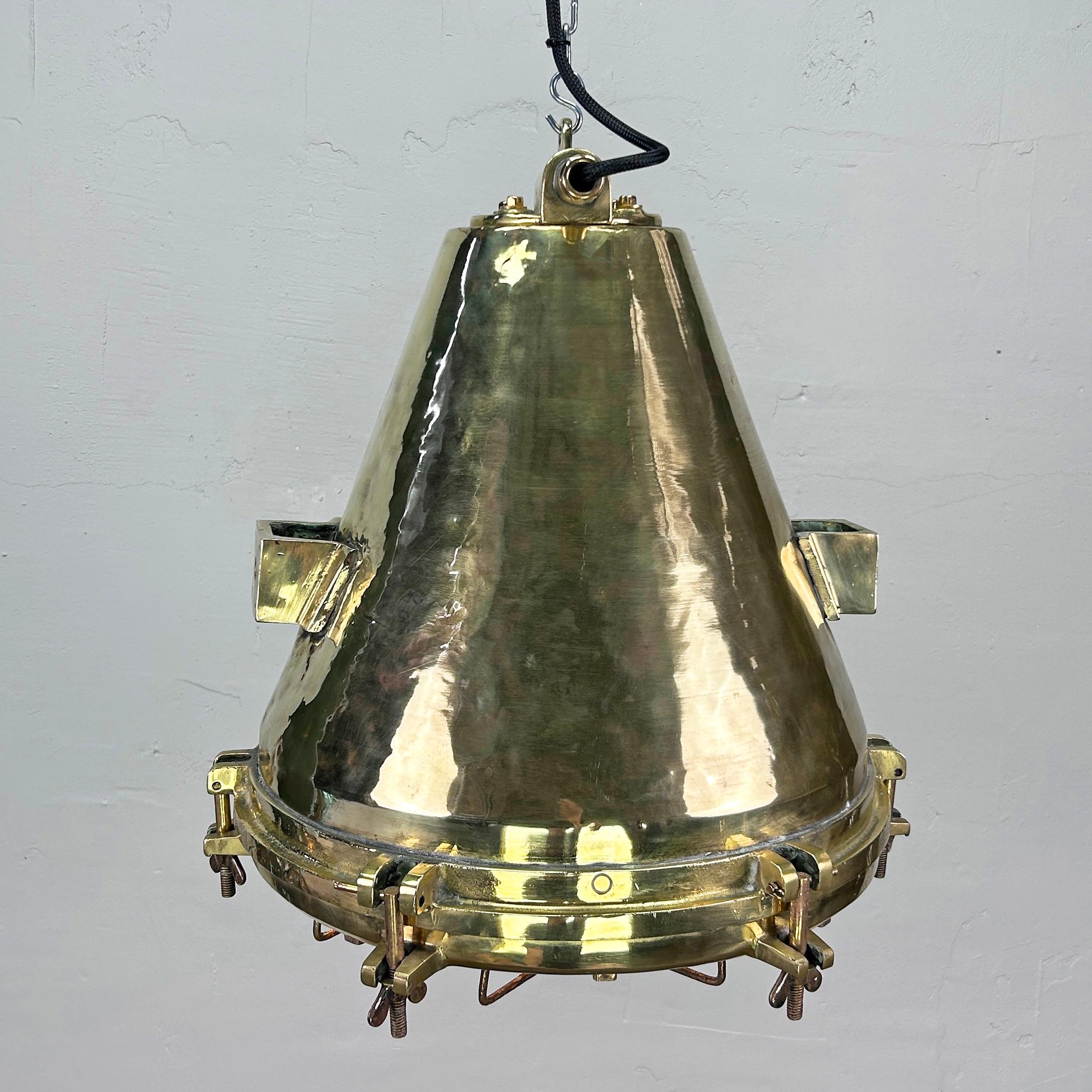 Cast 1970'S German Industrial Brass Conical Pendant Light with Cage & Glass Lens For Sale