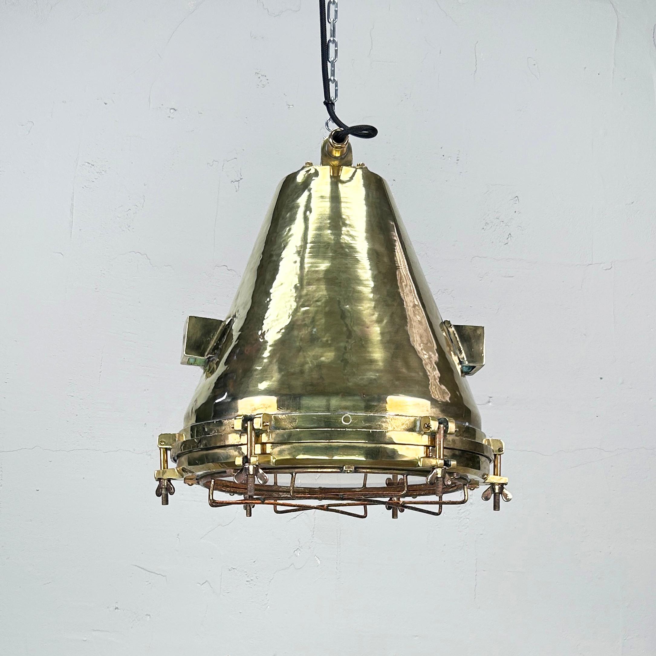 1970'S German Industrial Brass Conical Pendant Light with Cage & Glass Lens In Good Condition For Sale In Leicester, Leicestershire