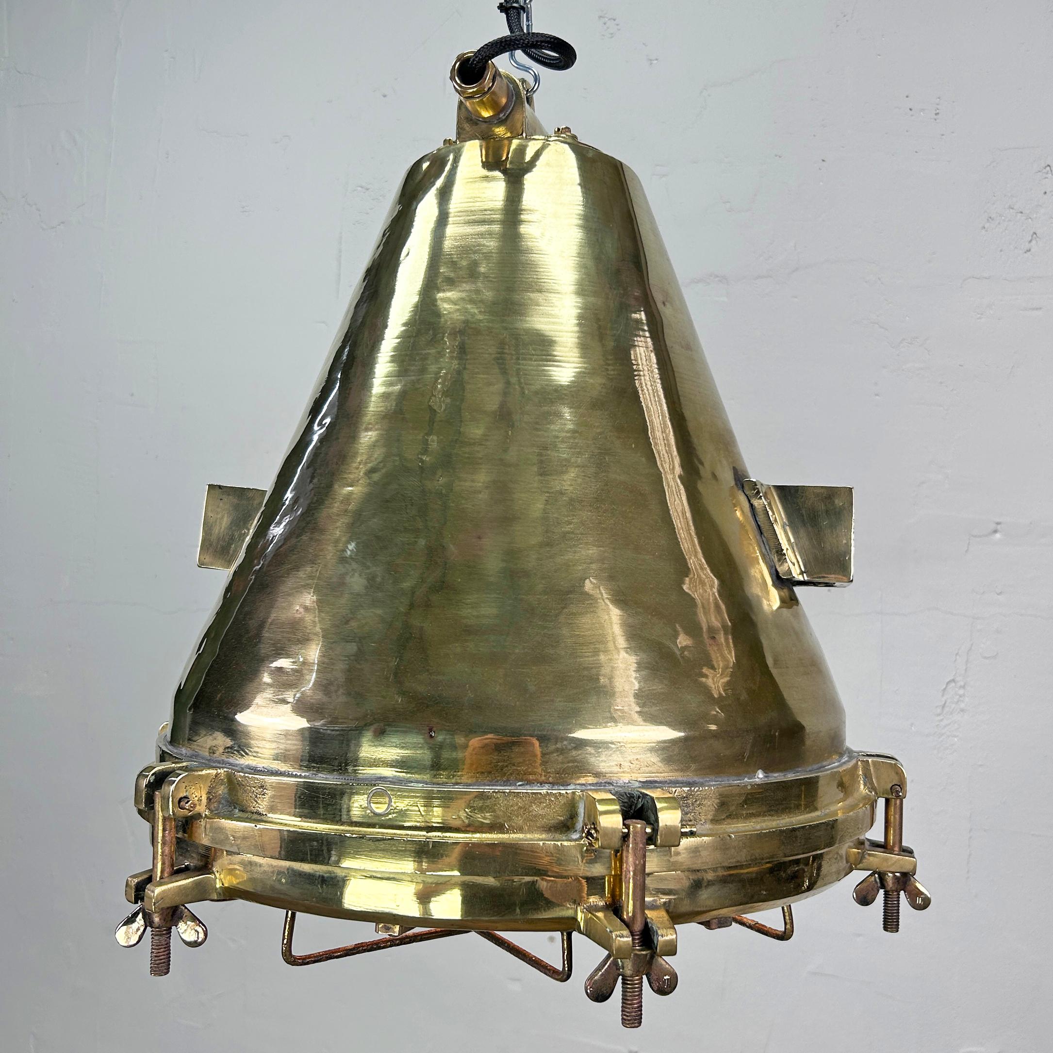 Late 20th Century 1970'S German Industrial Brass Conical Pendant Light with Cage & Glass Lens For Sale