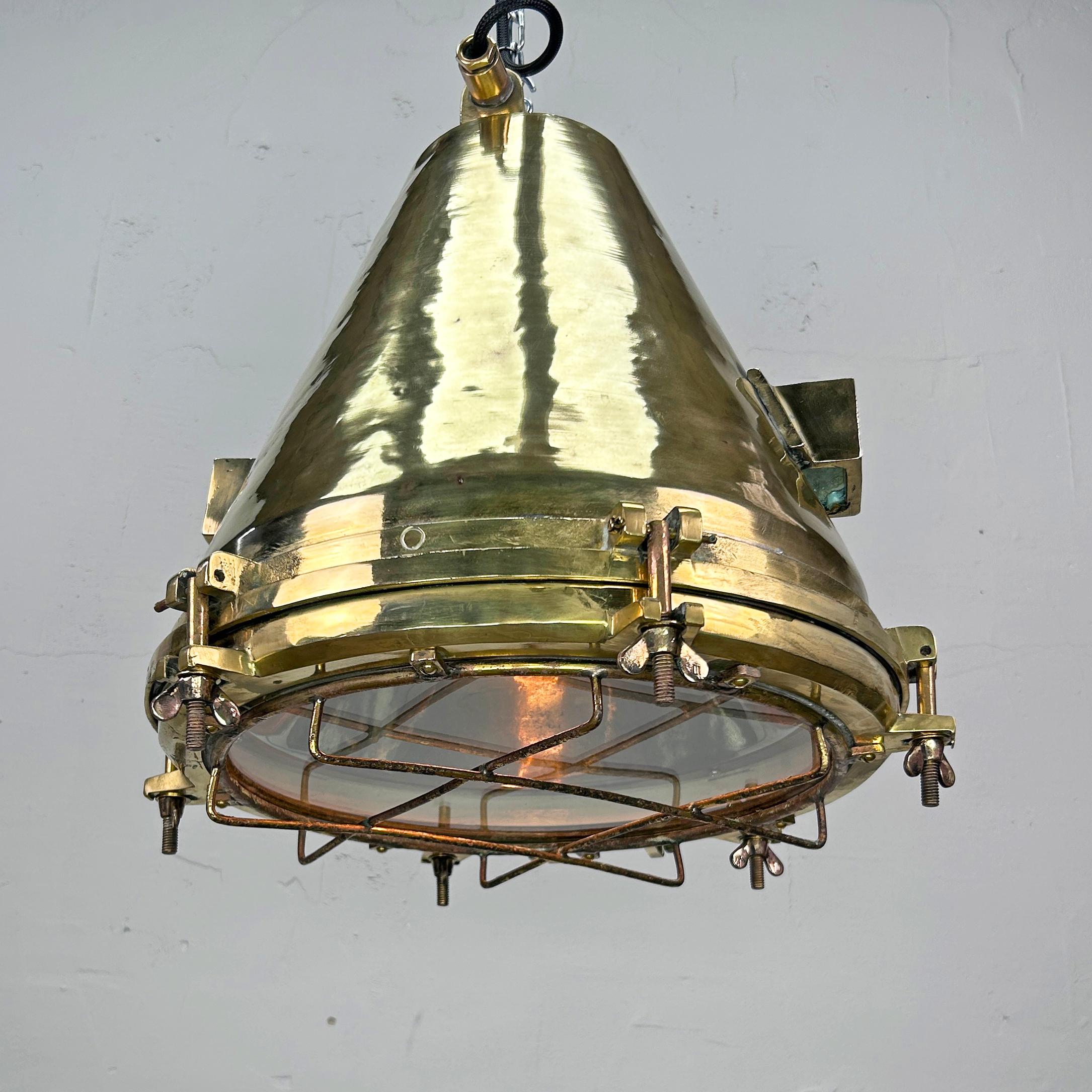 1970'S German Industrial Brass Conical Pendant Light with Cage & Glass Lens For Sale 1