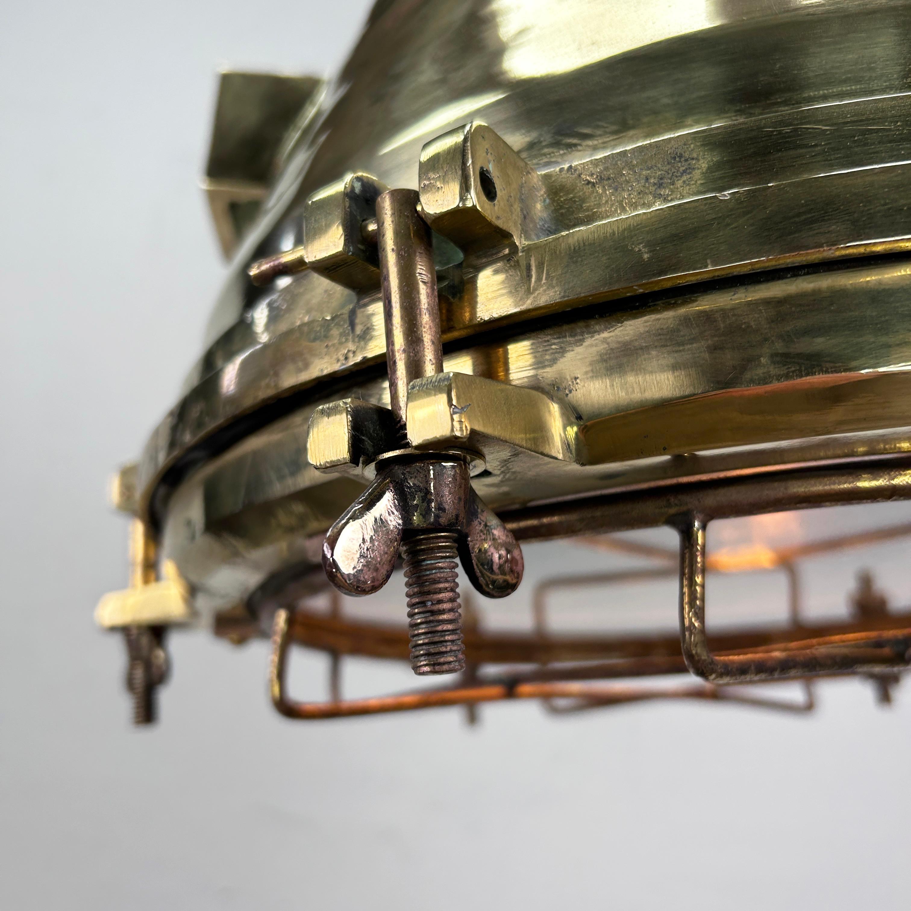 1970'S German Industrial Brass Conical Pendant Light with Cage & Glass Lens For Sale 2
