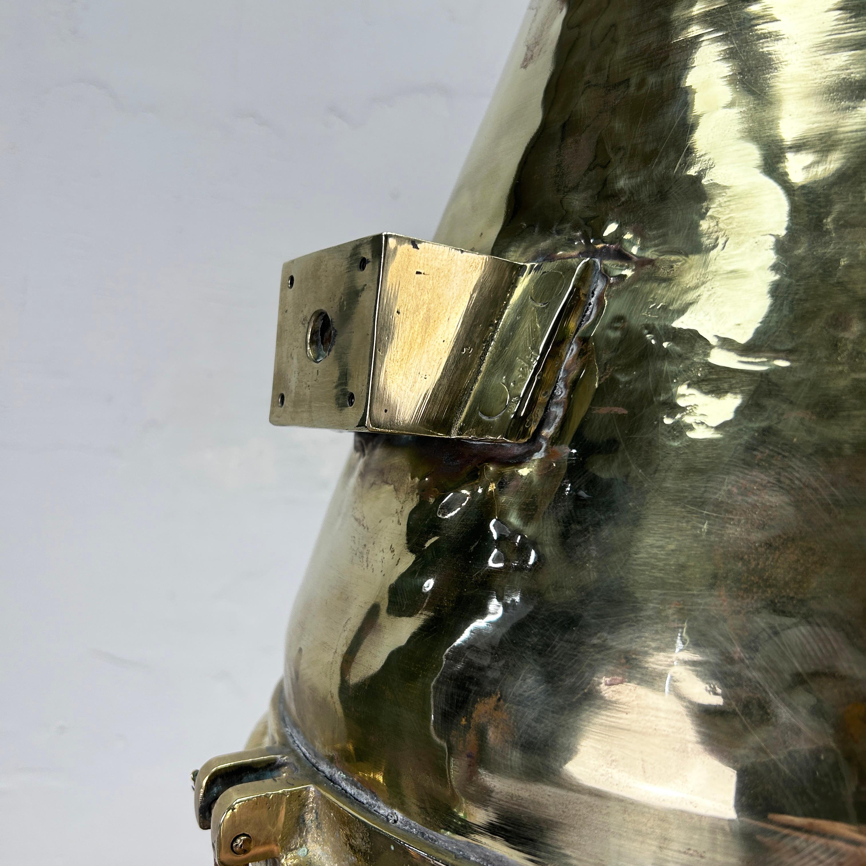 1970'S German Industrial Brass Conical Pendant Light with Cage & Glass Lens For Sale 3