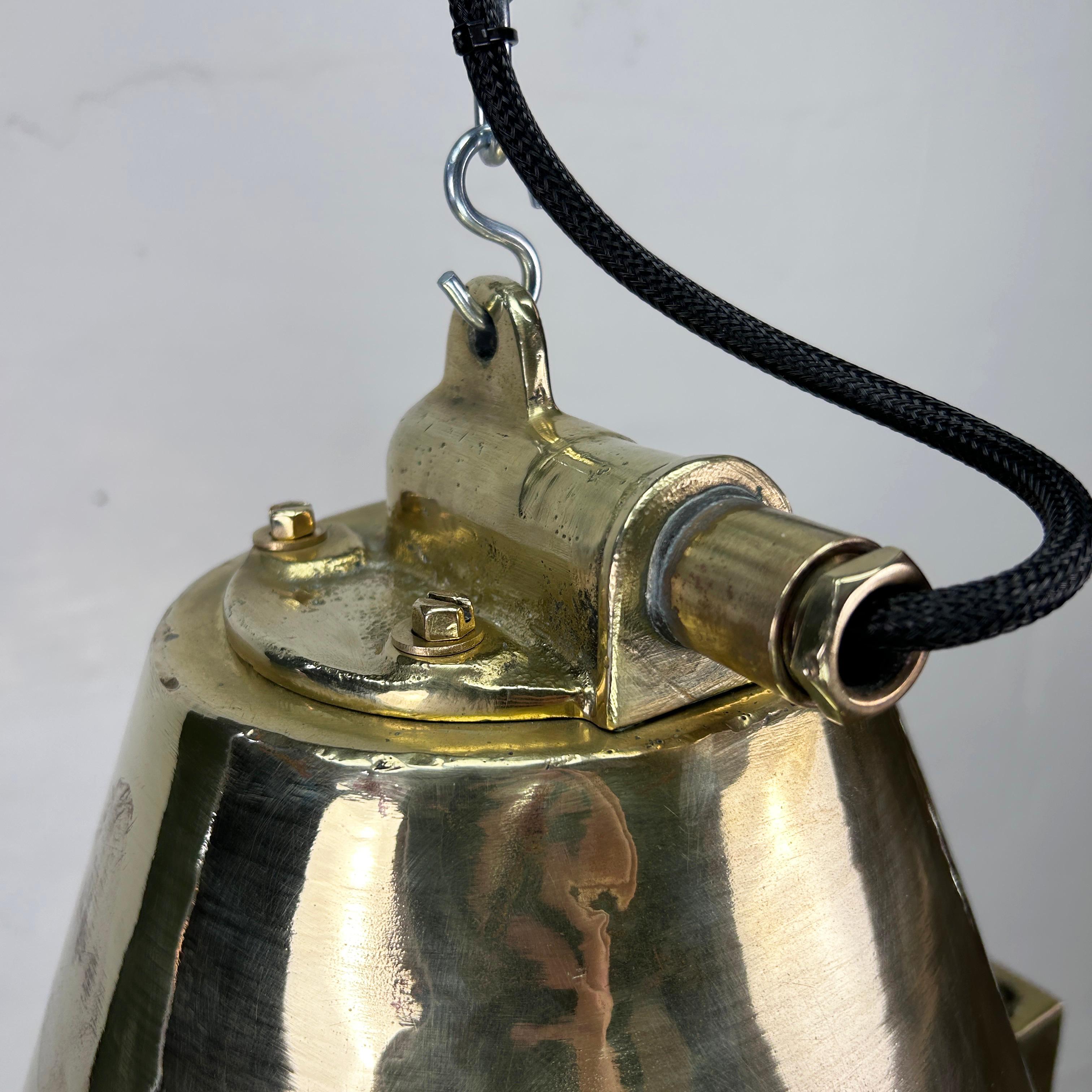 1970'S German Industrial Brass Conical Pendant Light with Cage & Glass Lens For Sale 4