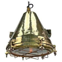 1970'S German Industrial Brass Conical Pendant Light with Cage & Glass Lens
