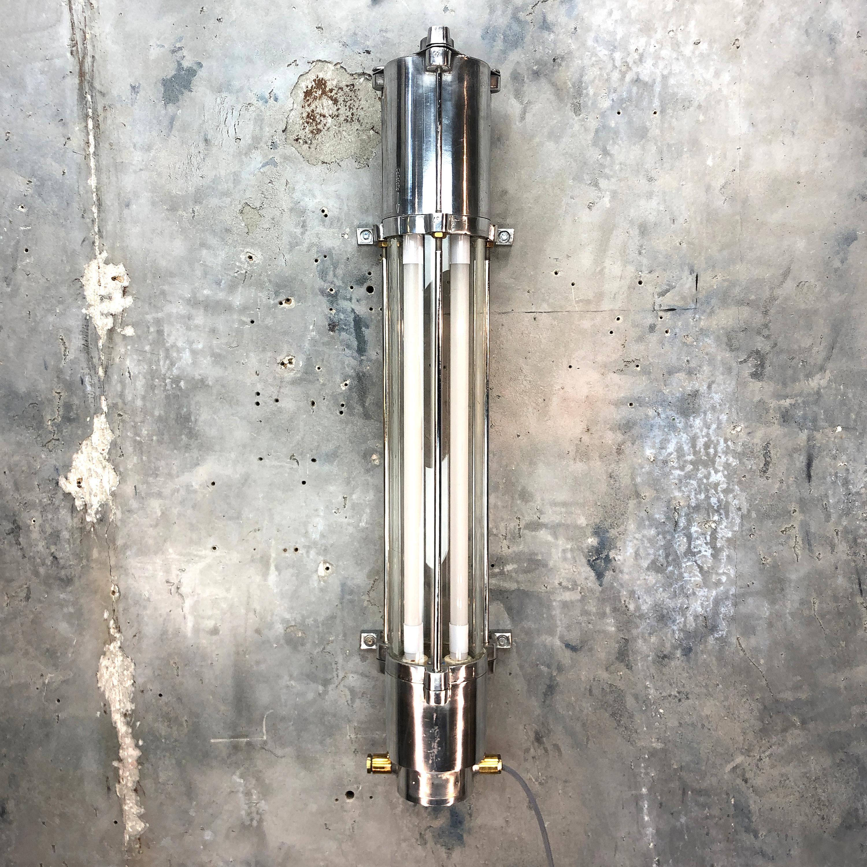 Wittenberg wall-mounted German explosion proof strip light.

Original item salvaged from supertankers and military vessels then stripped and refinished in the UK.

The original wiring is replaced with our loomlight wiring system which exceeds