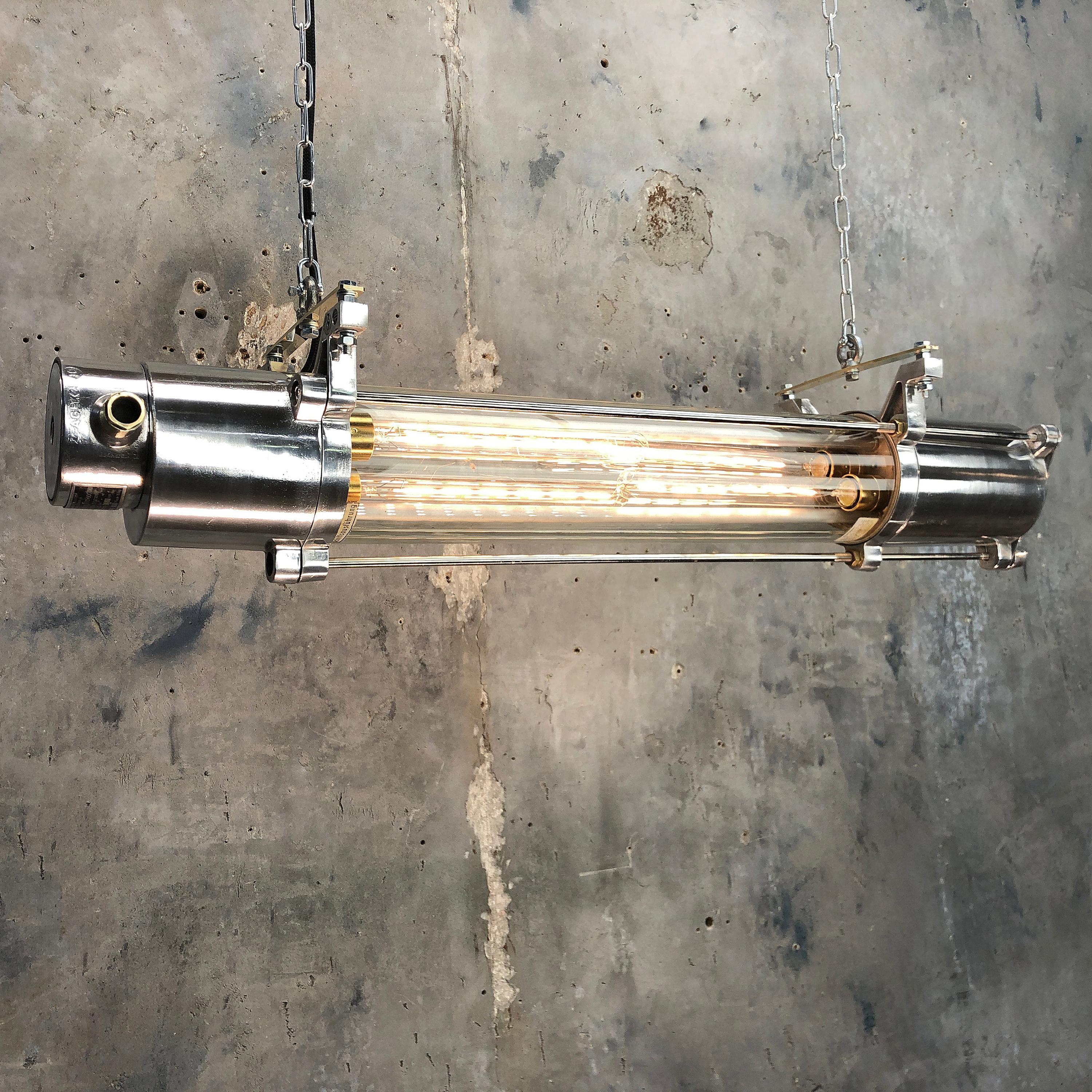 A vintage Industrial flameproof ceiling striplight / tube light made by Wittenburg of Germany. Originally designed for hazardous areas in factories and on cargo ships. 

Reclaimed, rewired and repurposed by hand in the UK by Loomlight ready for