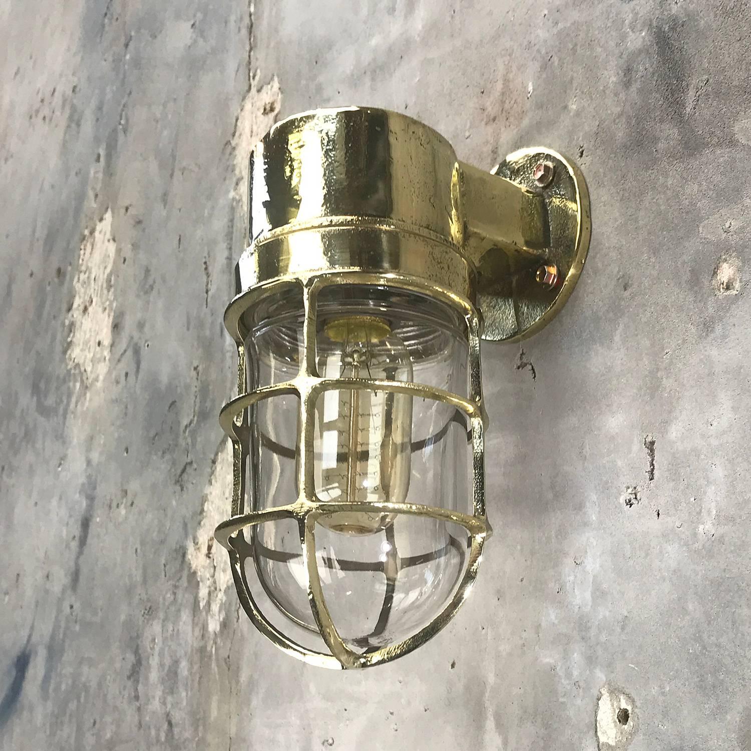 1970s German Industrial Cast Brass 90 Degree Wall Light Glass Dome and Cage 6