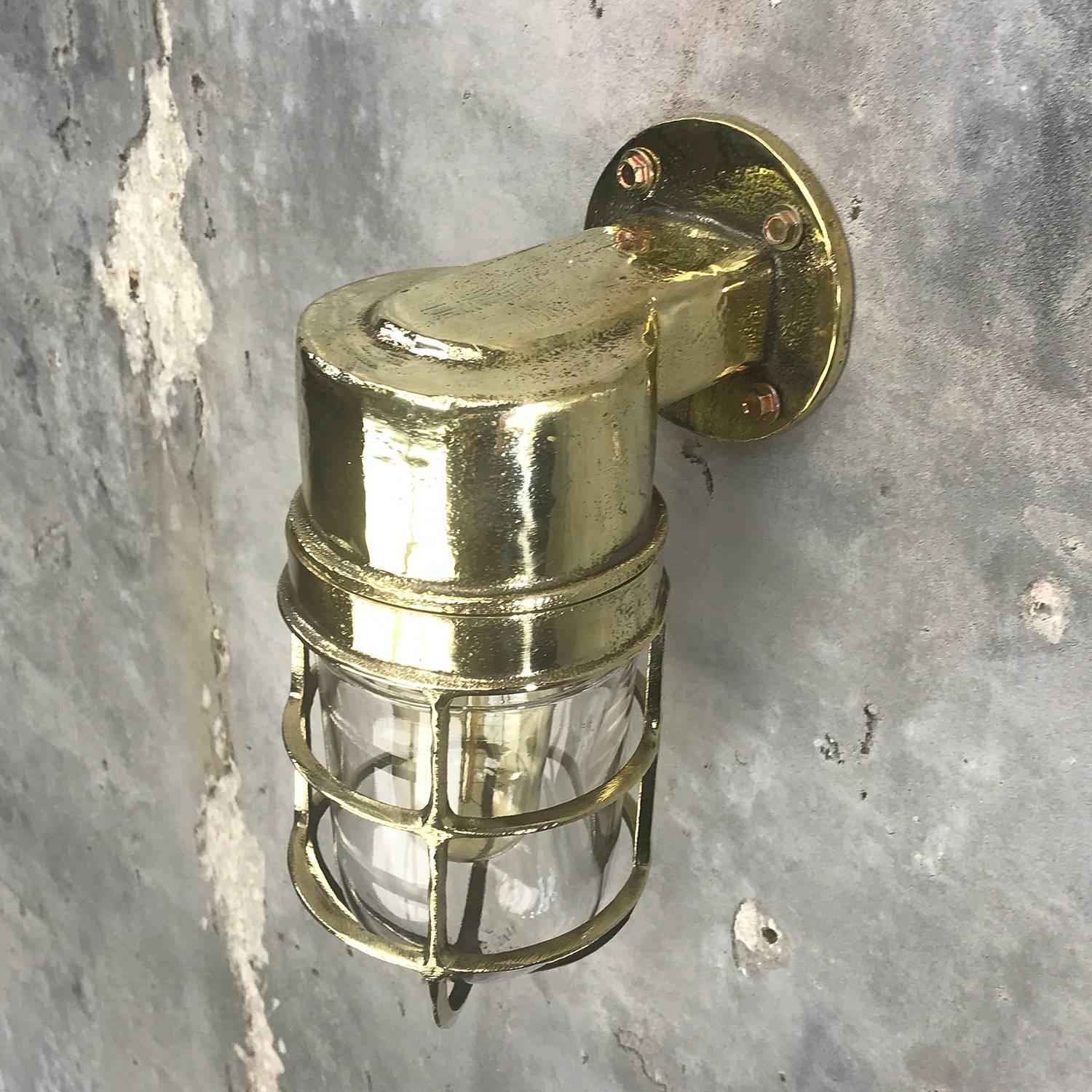 1970s German Industrial Cast Brass 90 Degree Wall Light Glass Dome and Cage 7