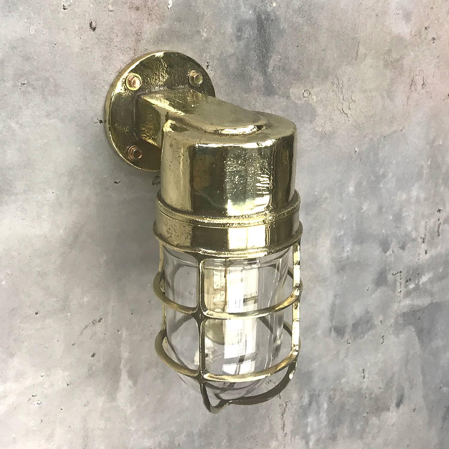 1970s German Industrial Cast Brass 90 Degree Wall Light Glass Dome and Cage In Excellent Condition In Leicester, Leicestershire