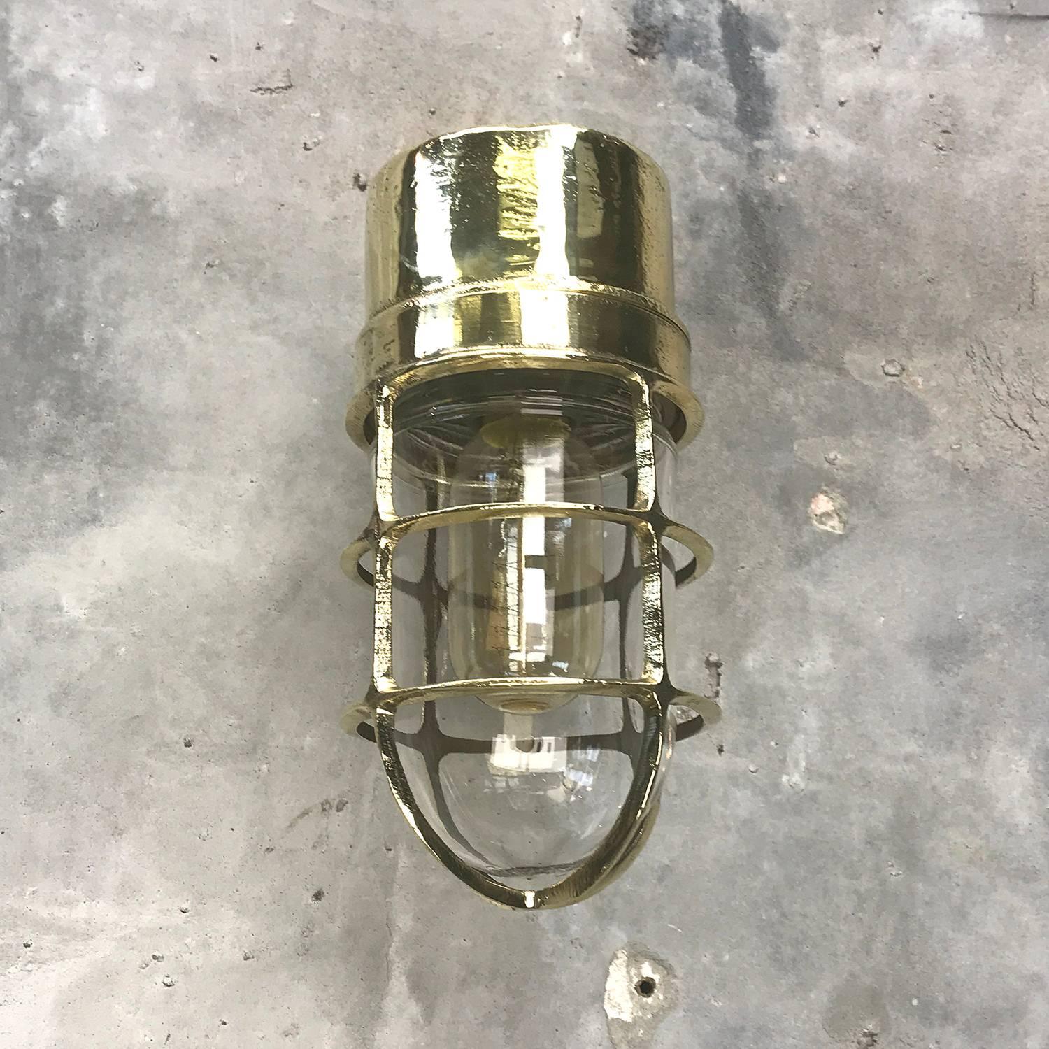 Late 20th Century 1970s German Industrial Cast Brass 90 Degree Wall Light Glass Dome and Cage