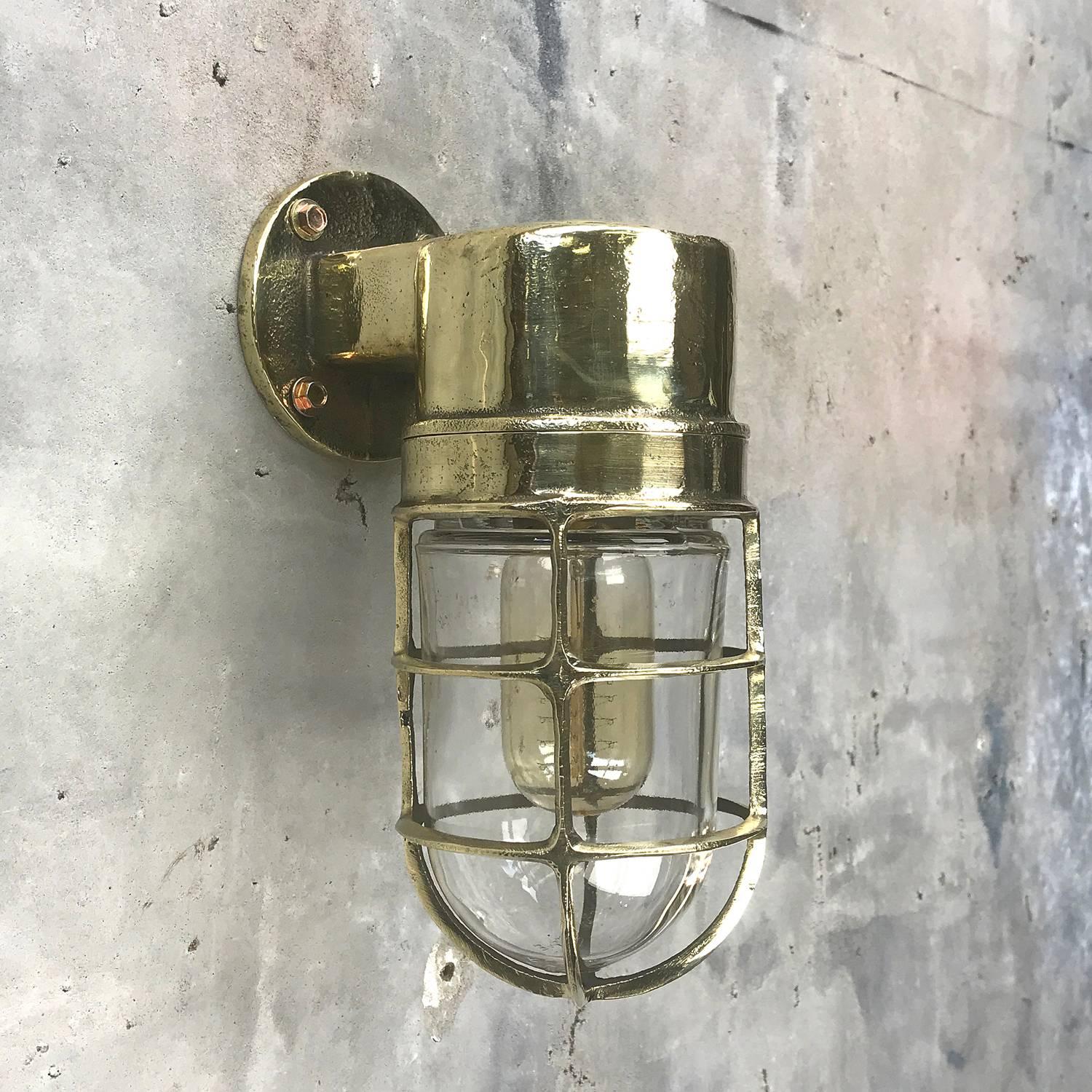 1970s German Industrial Cast Brass 90 Degree Wall Light Glass Dome and Cage 1