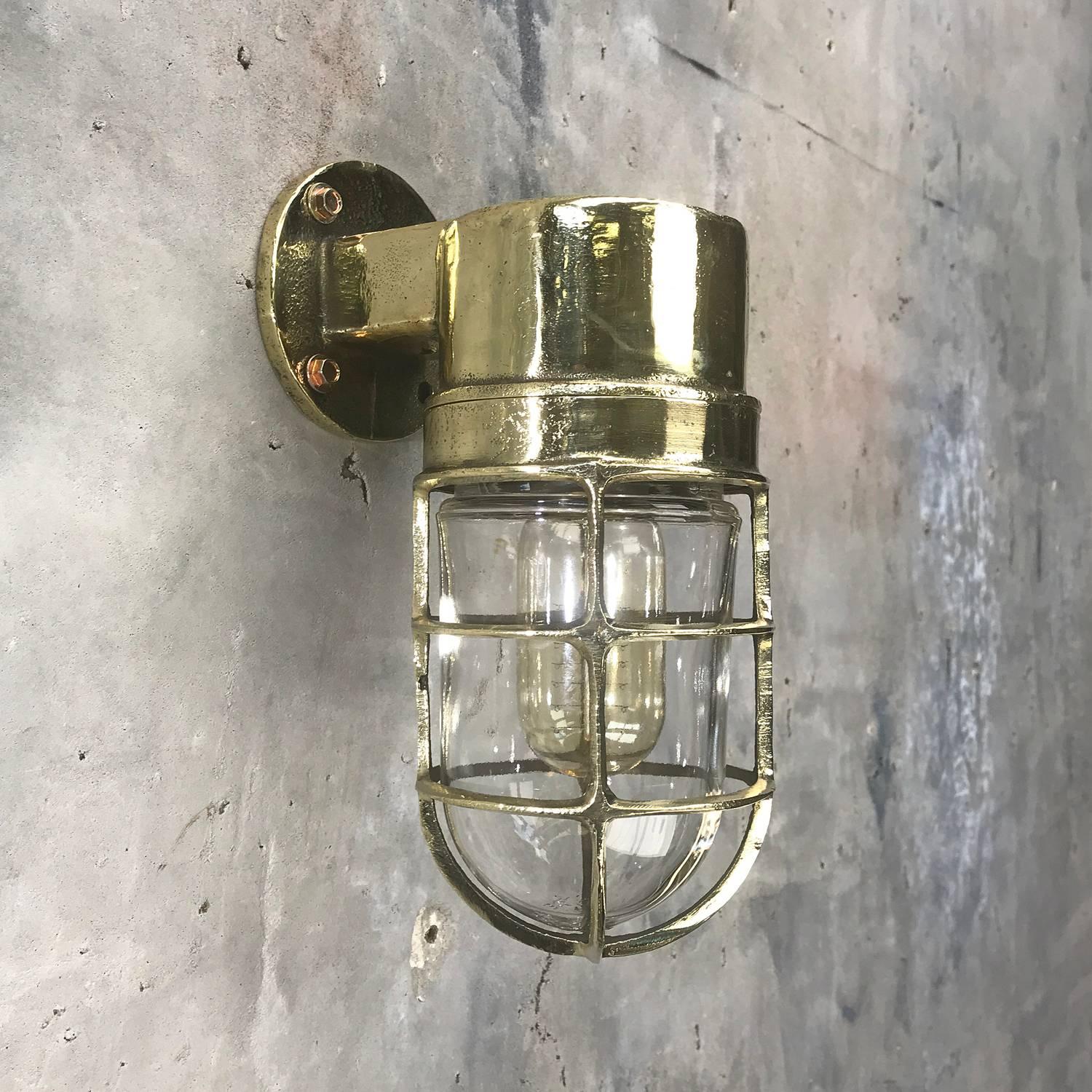 1970s German Industrial Cast Brass 90 Degree Wall Light Glass Dome and Cage 2