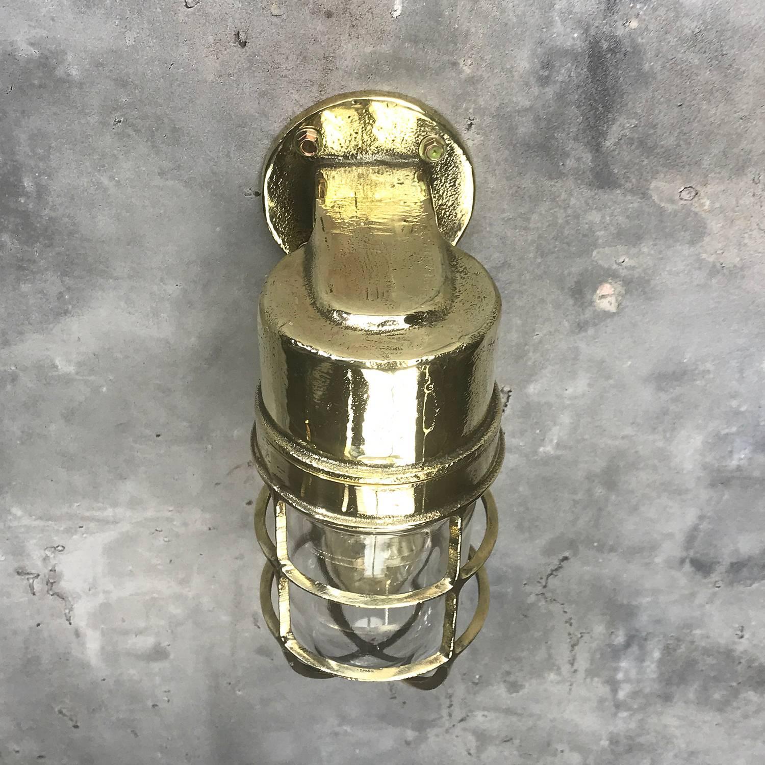 1970s German Industrial Cast Brass 90 Degree Wall Light Glass Dome and Cage 3