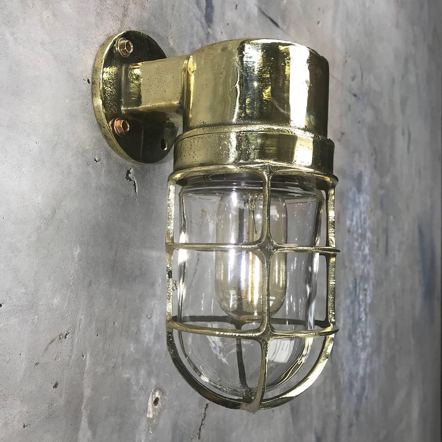 1970s German Industrial Cast Brass 90 Degree Wall Light Glass Dome and Cage 4