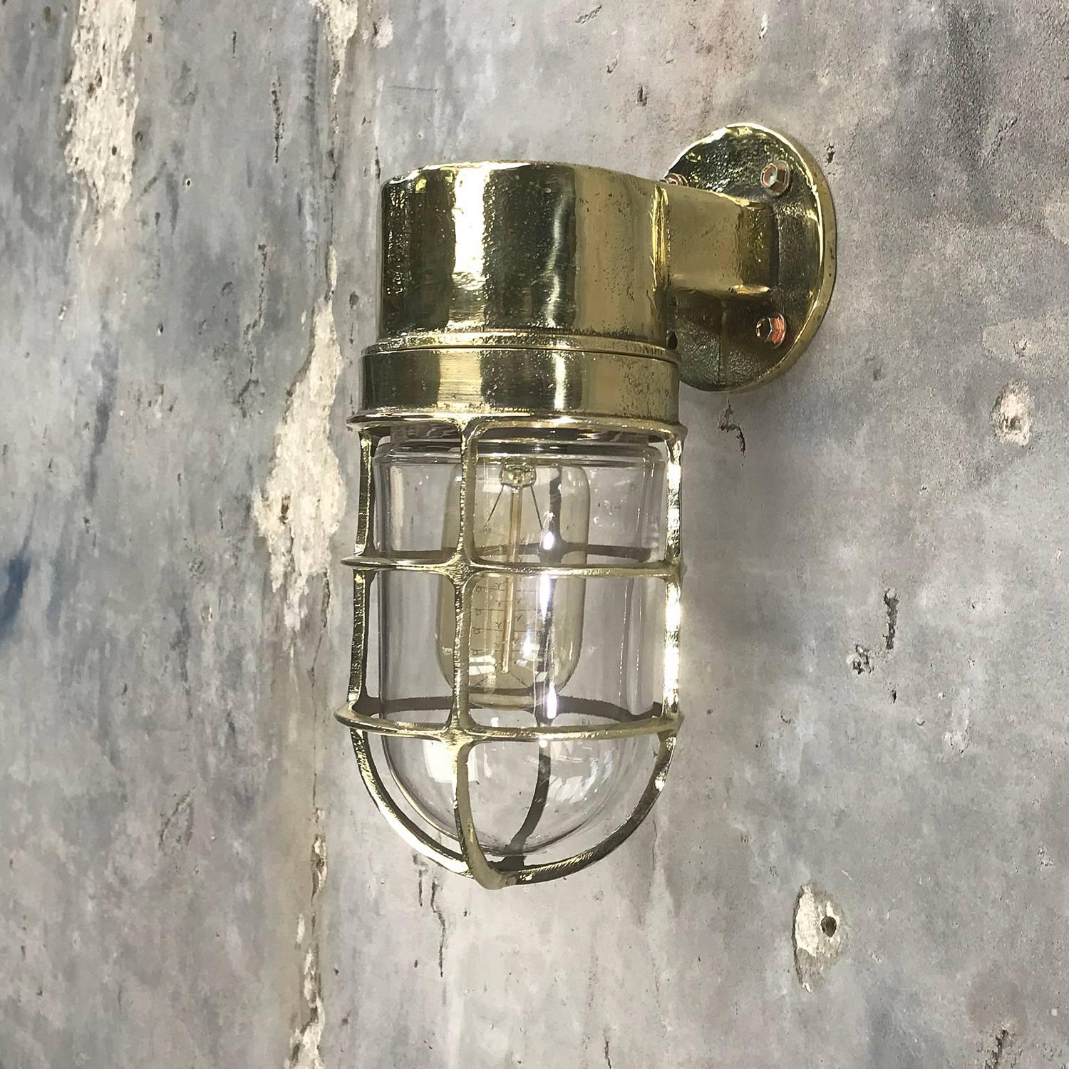 1970s German Industrial Cast Brass 90 Degree Wall Light Glass Dome and Cage 5