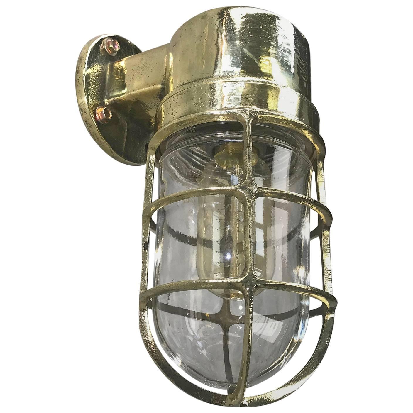 1970s German Industrial Cast Brass 90 Degree Wall Light Glass Dome and Cage