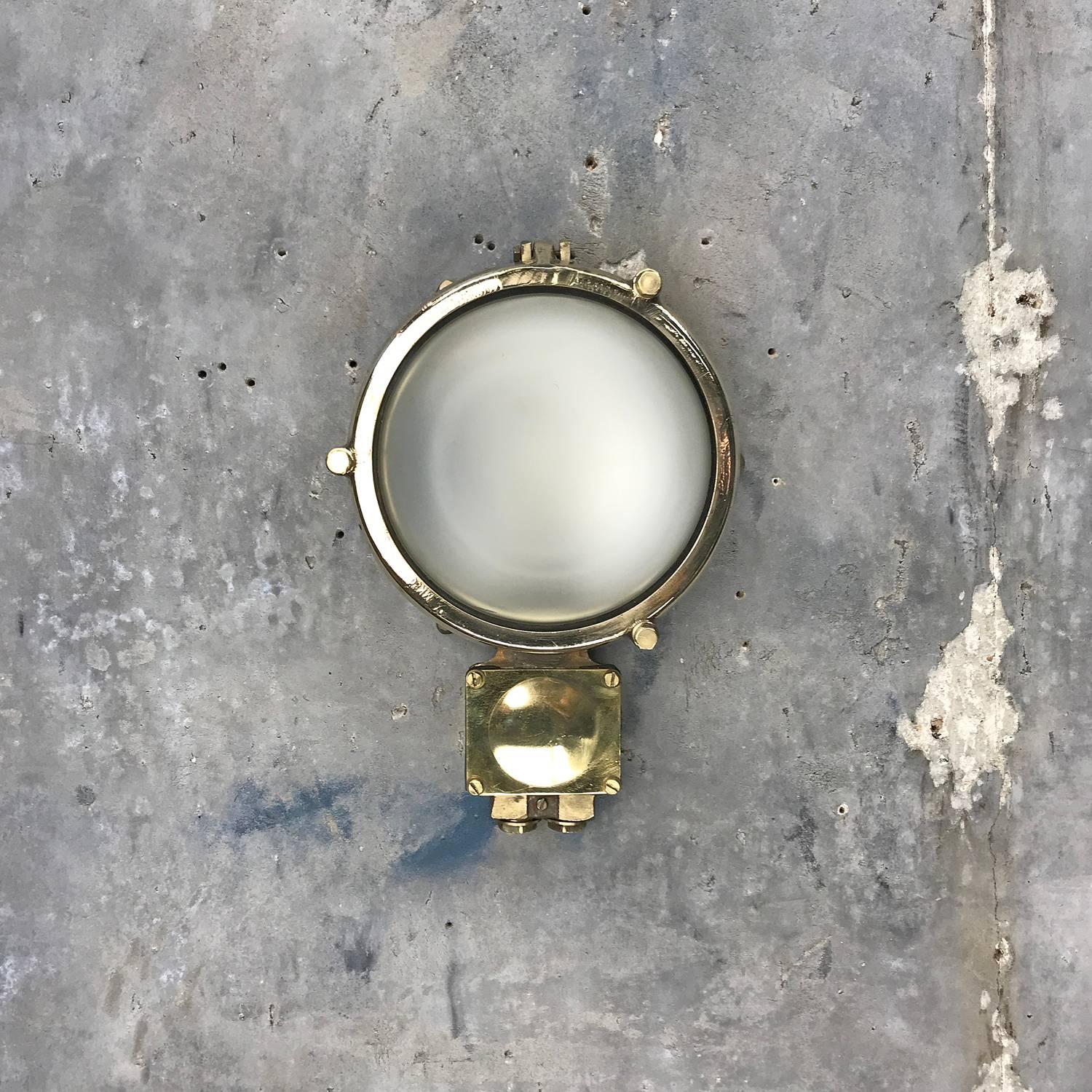 1970s German Industrial Cast Brass Circular Wall Light, Frosted Glass Shade 6
