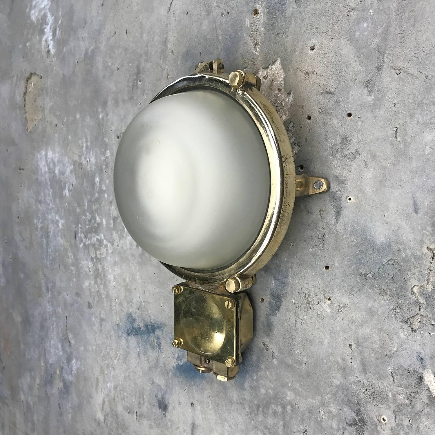 1970s German Industrial Cast Brass Circular Wall Light, Frosted Glass Shade 7