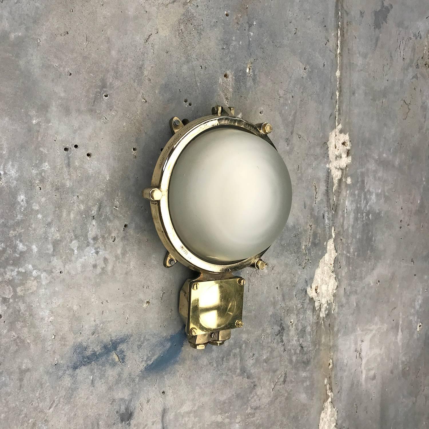 1970s German Industrial Cast Brass Circular Wall Light, Frosted Glass Shade 8