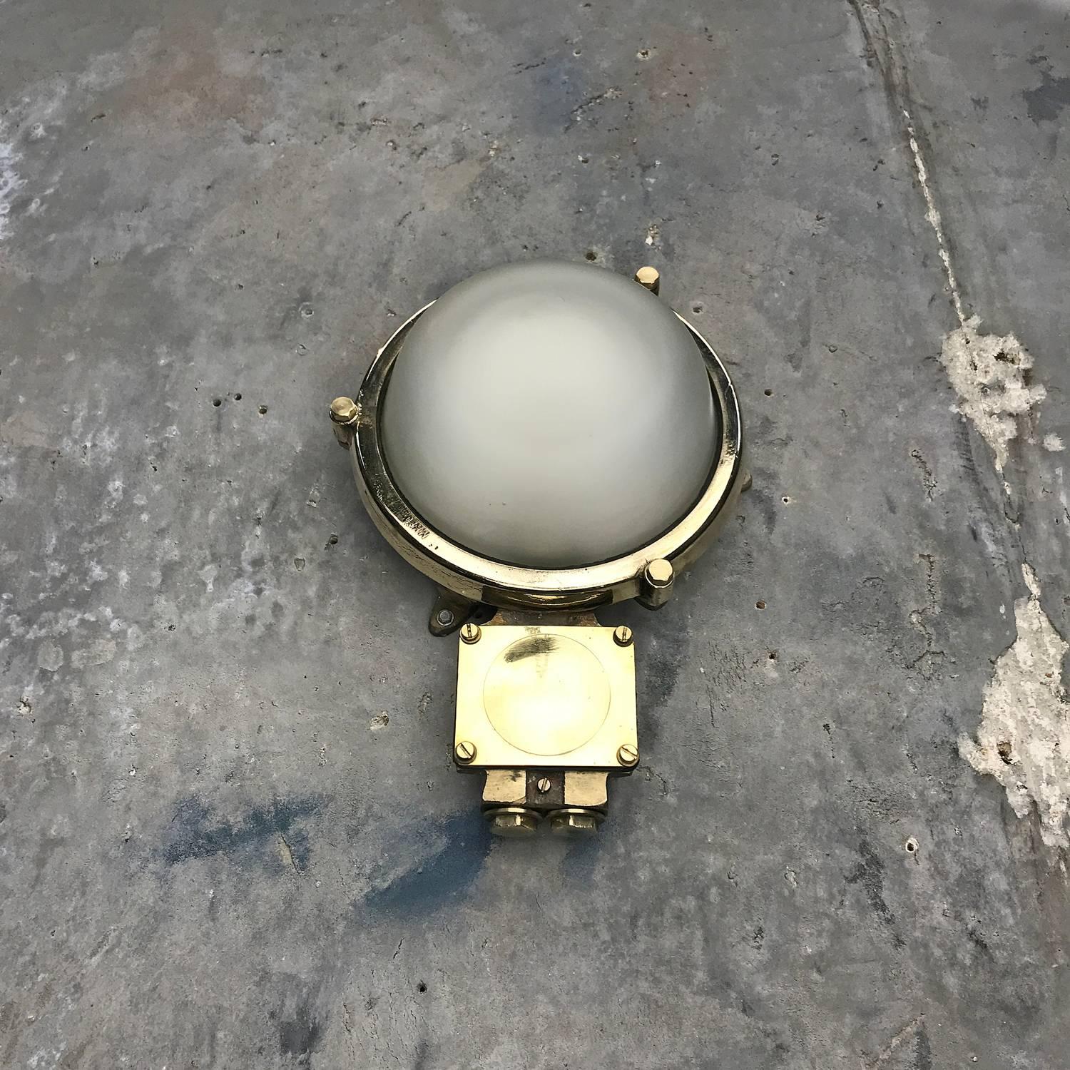 1970s German Industrial Cast Brass Circular Wall Light, Frosted Glass Shade 9