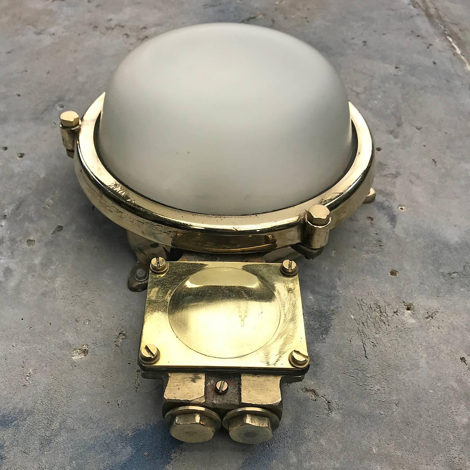 1970s German Industrial Cast Brass Circular Wall Light, Frosted Glass Shade In Excellent Condition In Leicester, Leicestershire