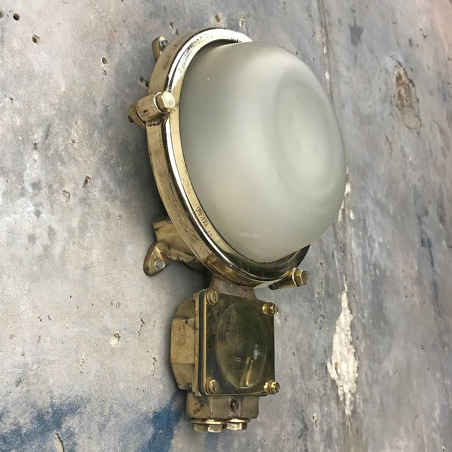 Late 20th Century 1970s German Industrial Cast Brass Circular Wall Light, Frosted Glass Shade