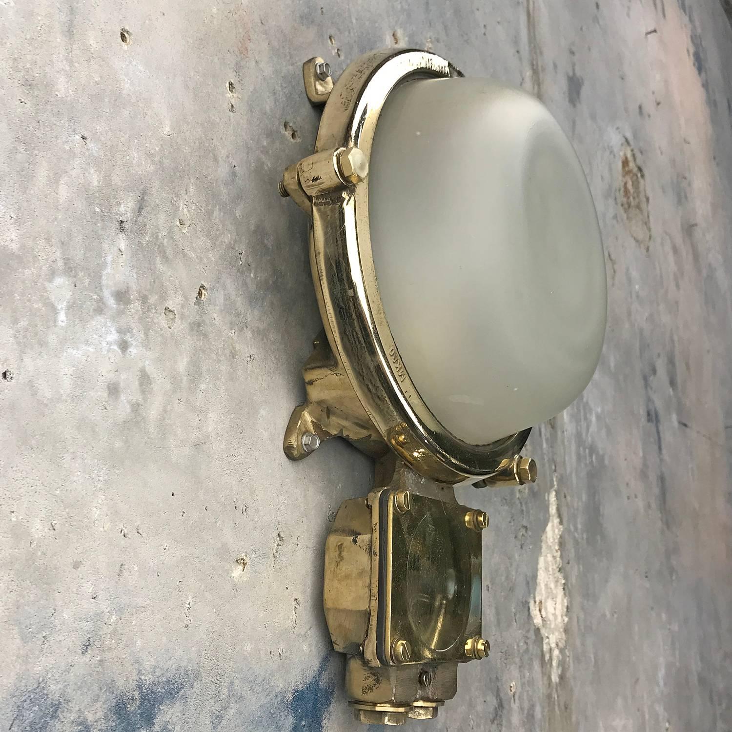 1970s German Industrial Cast Brass Circular Wall Light, Frosted Glass Shade 1