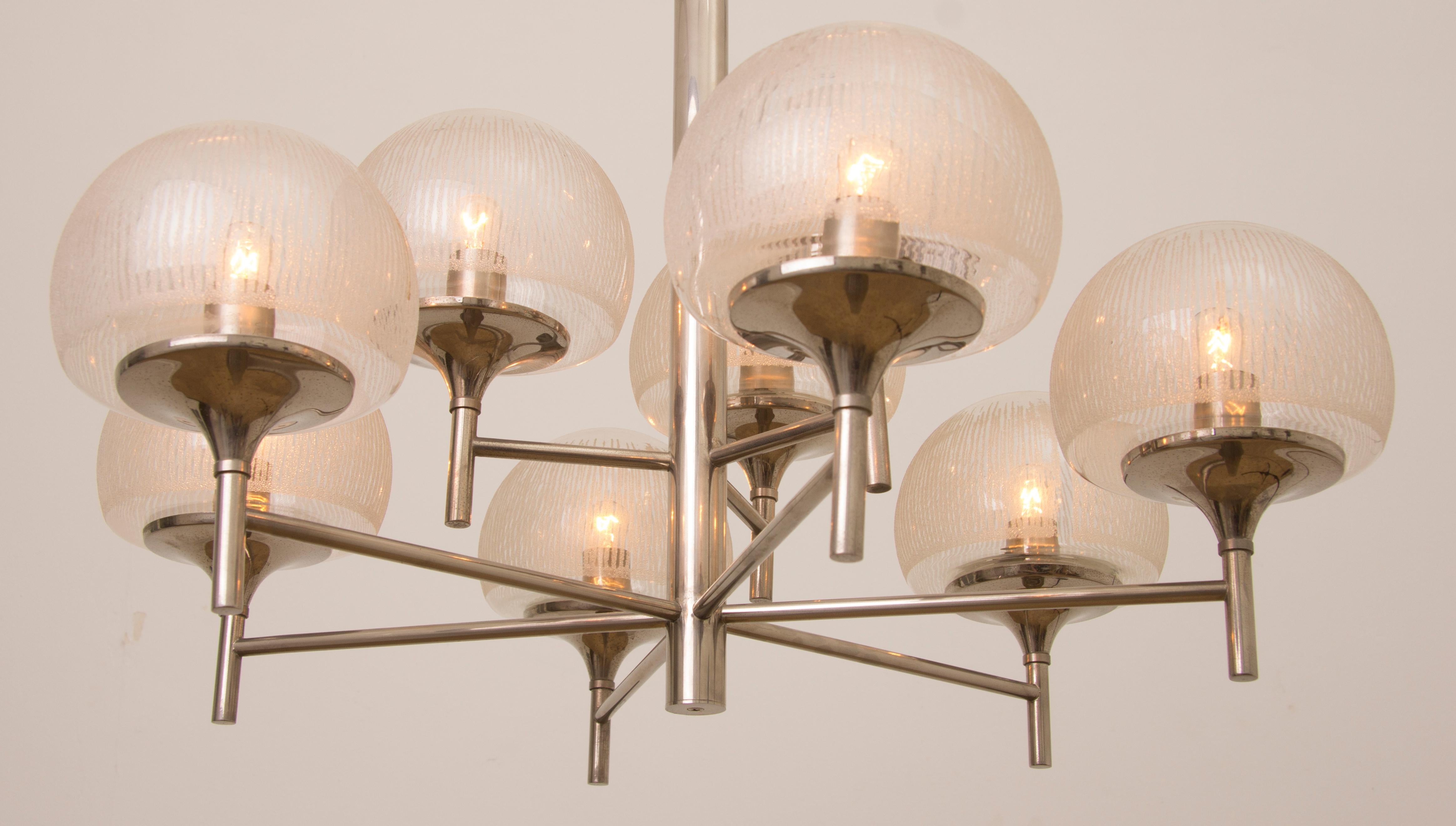 20th Century 1970s German Kaiser Leuchten Chrome & 9 Frosted Globe Chandelier Pendant Light