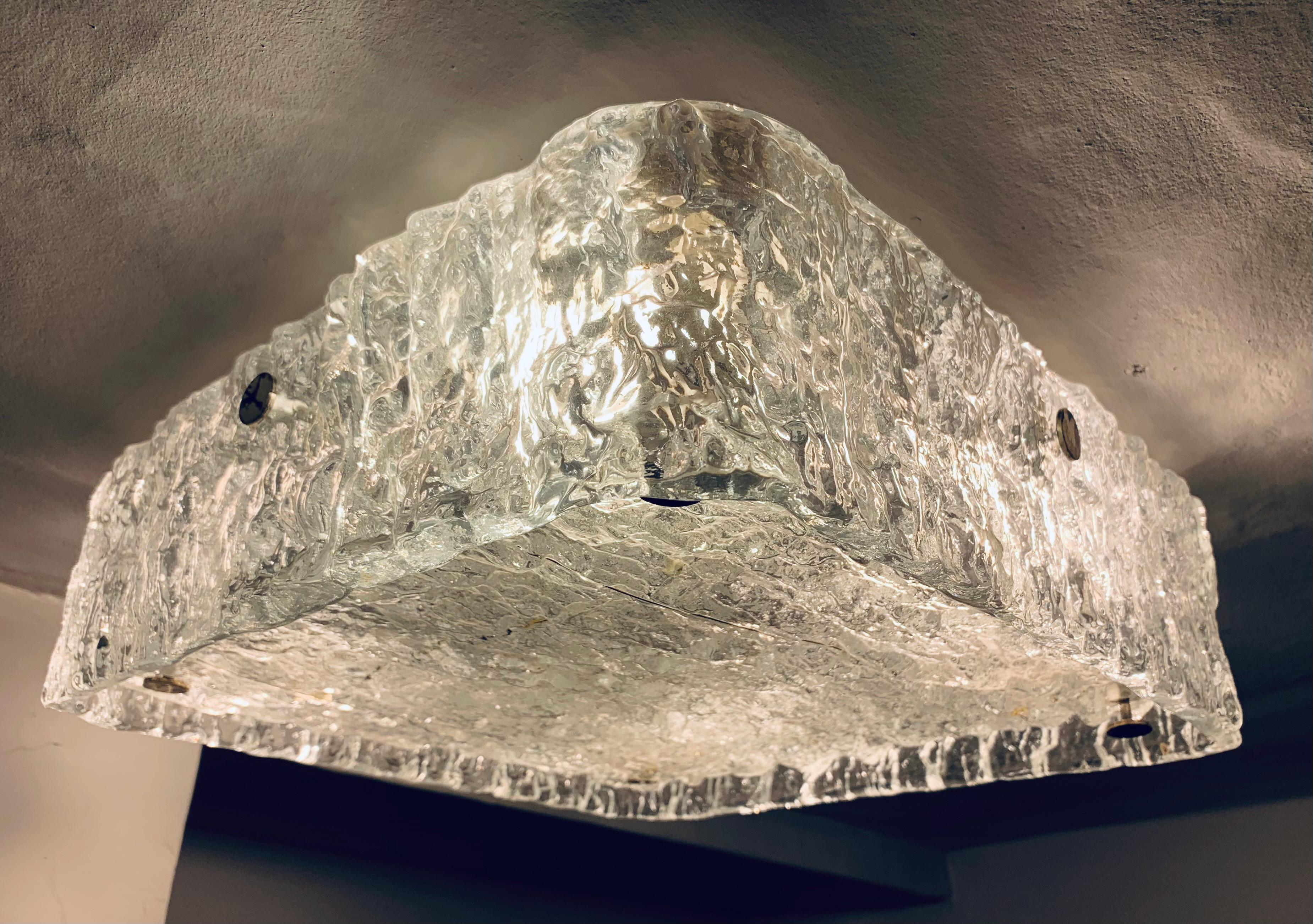 1970s German Kaiser Leuchten Ice Textured Murano Glass Flush Mount Ceiling Light In Good Condition In London, GB