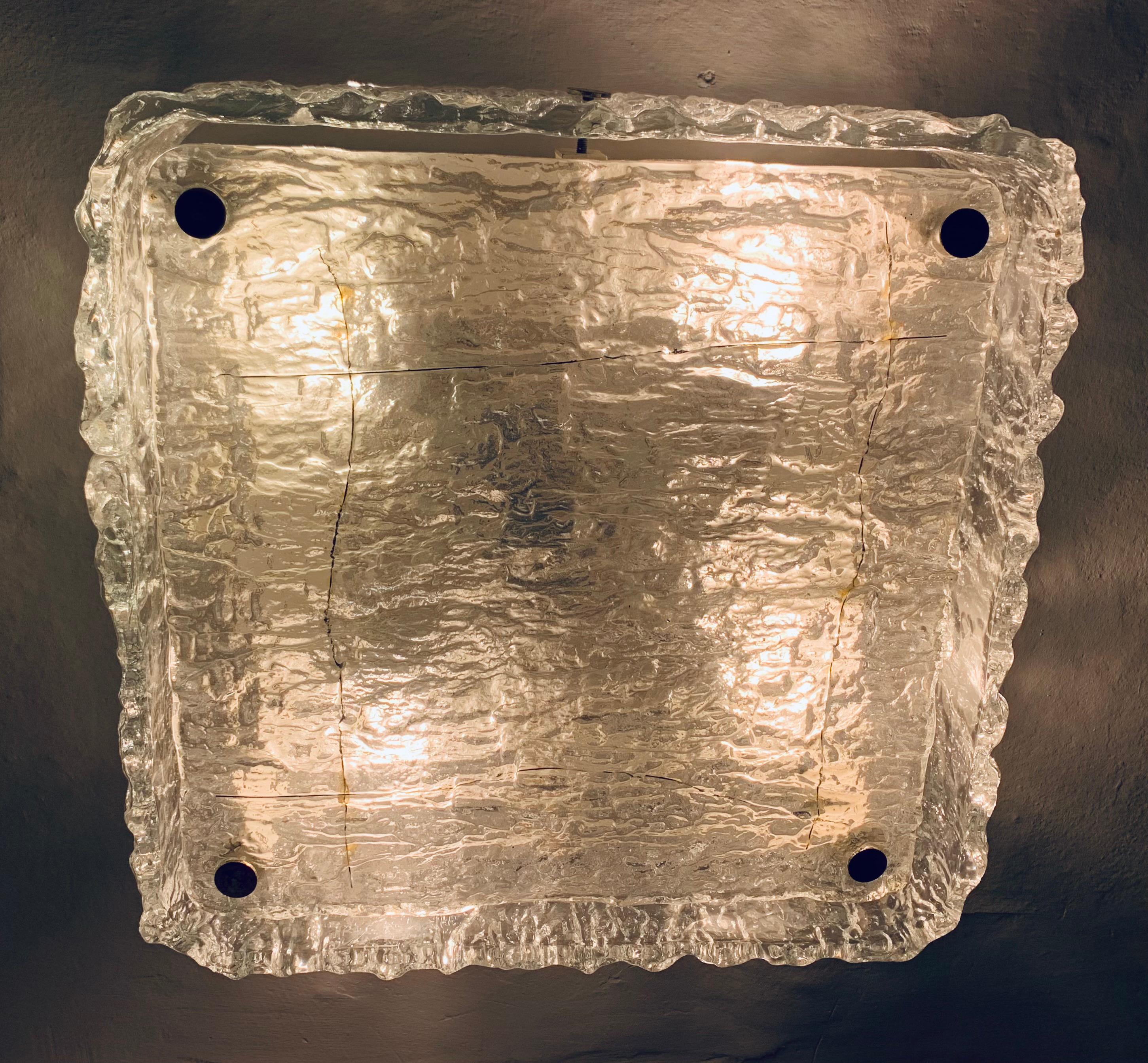 Metal 1970s German Kaiser Leuchten Ice Textured Murano Glass Flush Mount Ceiling Light
