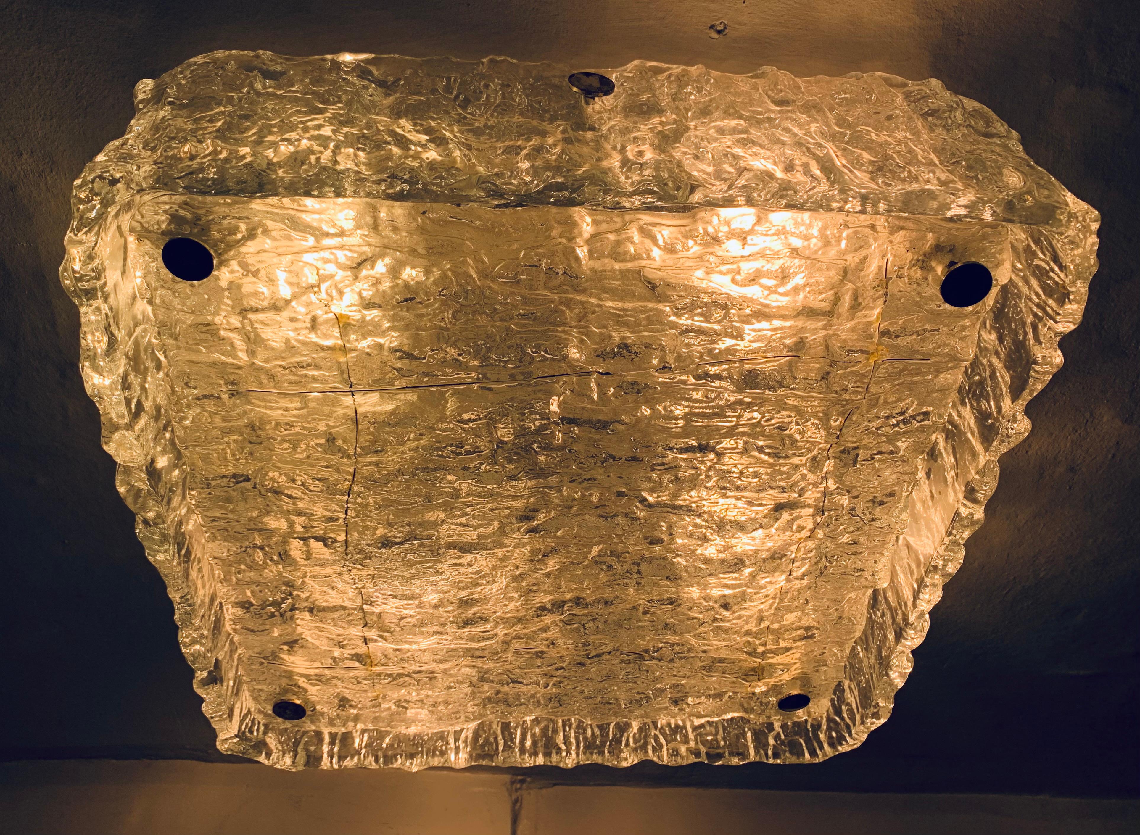 1970s German Kaiser Leuchten Ice Textured Murano Glass Flush Mount Ceiling Light 1