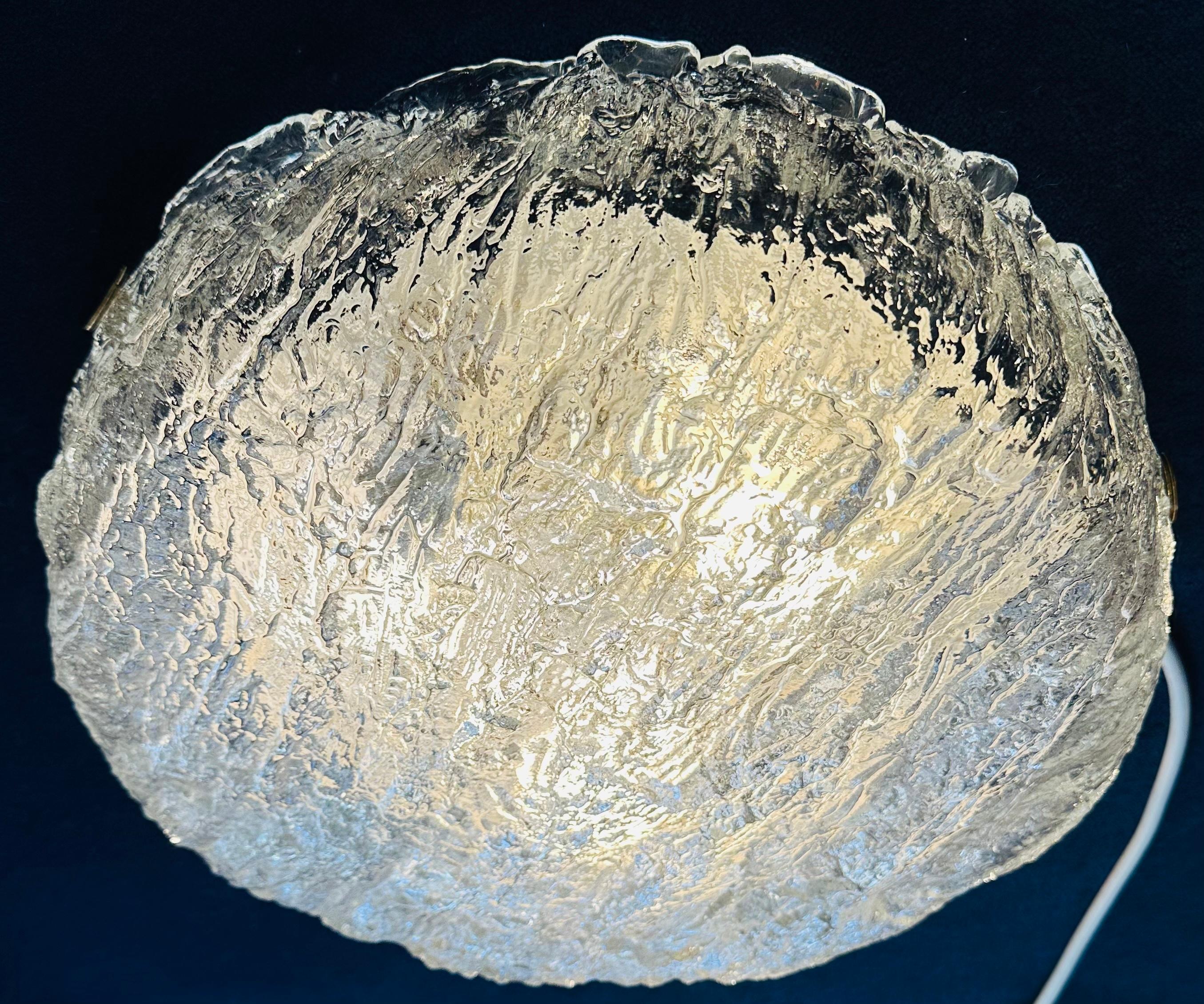Mid-Century Modern 1970s German Kaiser Leuchten Textured Clear Glass Circular Flush Mount Light For Sale